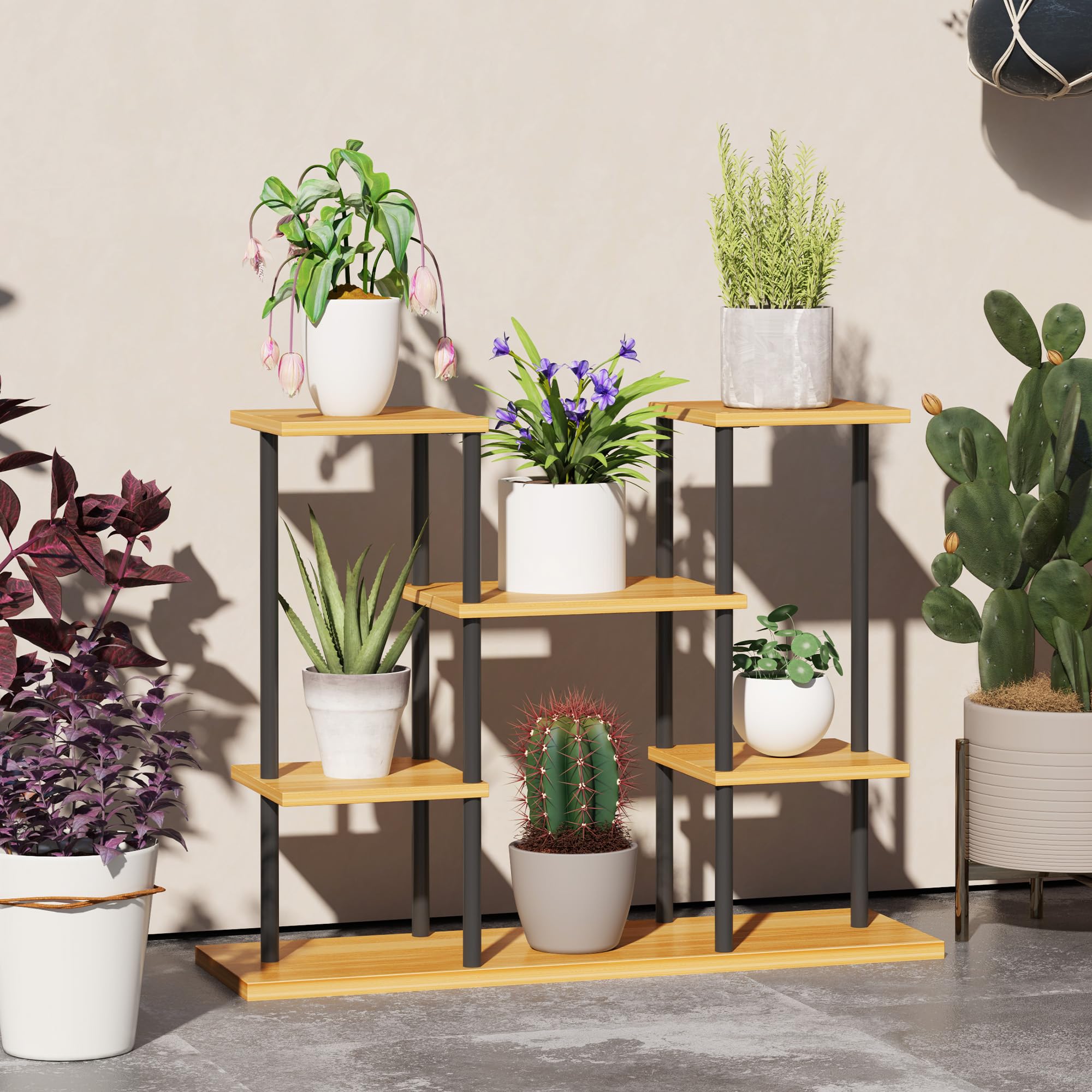 Outsunny Soporte para plantas de interior, estante para plantas de 6 niveles, estructura de acero con base de madera maciza, soporte para plantas para salón, balcón, jardín, madera natural