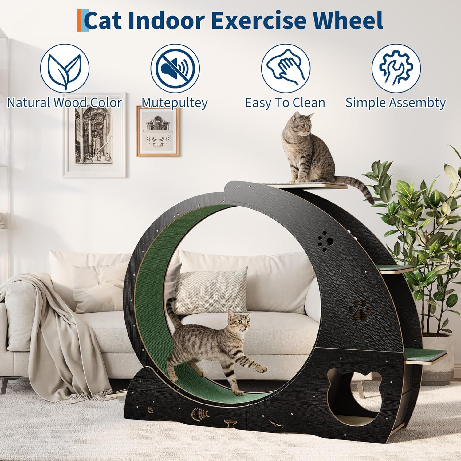 Large 55" Cat Wheels for Indoor Cats, Cat Treadmill Exercise Wheel with Built-in Bowls, Scratching Post & 3-Tier Jumping Tower for Walking and Training, Black