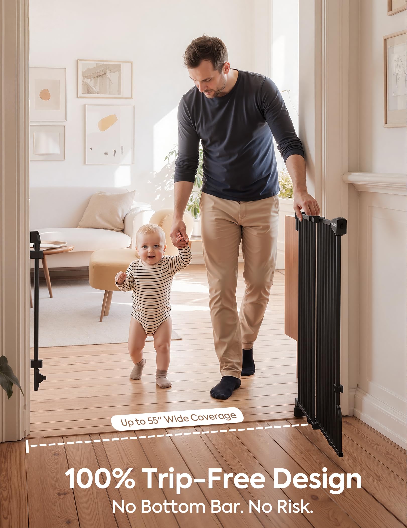 Babelio Cancello per cani e bambini da 90,2 a 139,7 cm, senza barra inferiore, per scale e porte, facile da rimuovere e installare, funzione di chiusura automatica, porta passerella extra larga