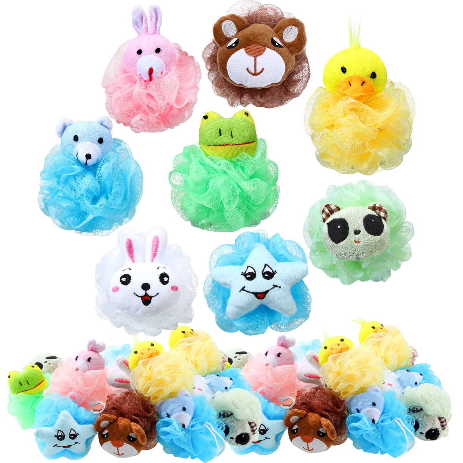16 Pcs Kids Bath Loofahs Bulk Animal Cartoon Bath Sponge Cute Pouf Mesh Body Loofah Colorful Exfoliating Scrubber Shower Ball for Kids Toddler Boys