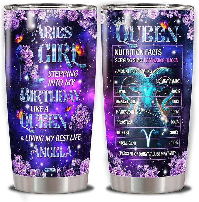 WAZONE Personalized Queen Tumbler Customized Zodiac Cup With Name Purple Galaxy Butterfly Flower Travel Mug 20oz 30oz Astrological Sign Aries Gemini Cancer Leo Virgo Libra Taurus Scorpio