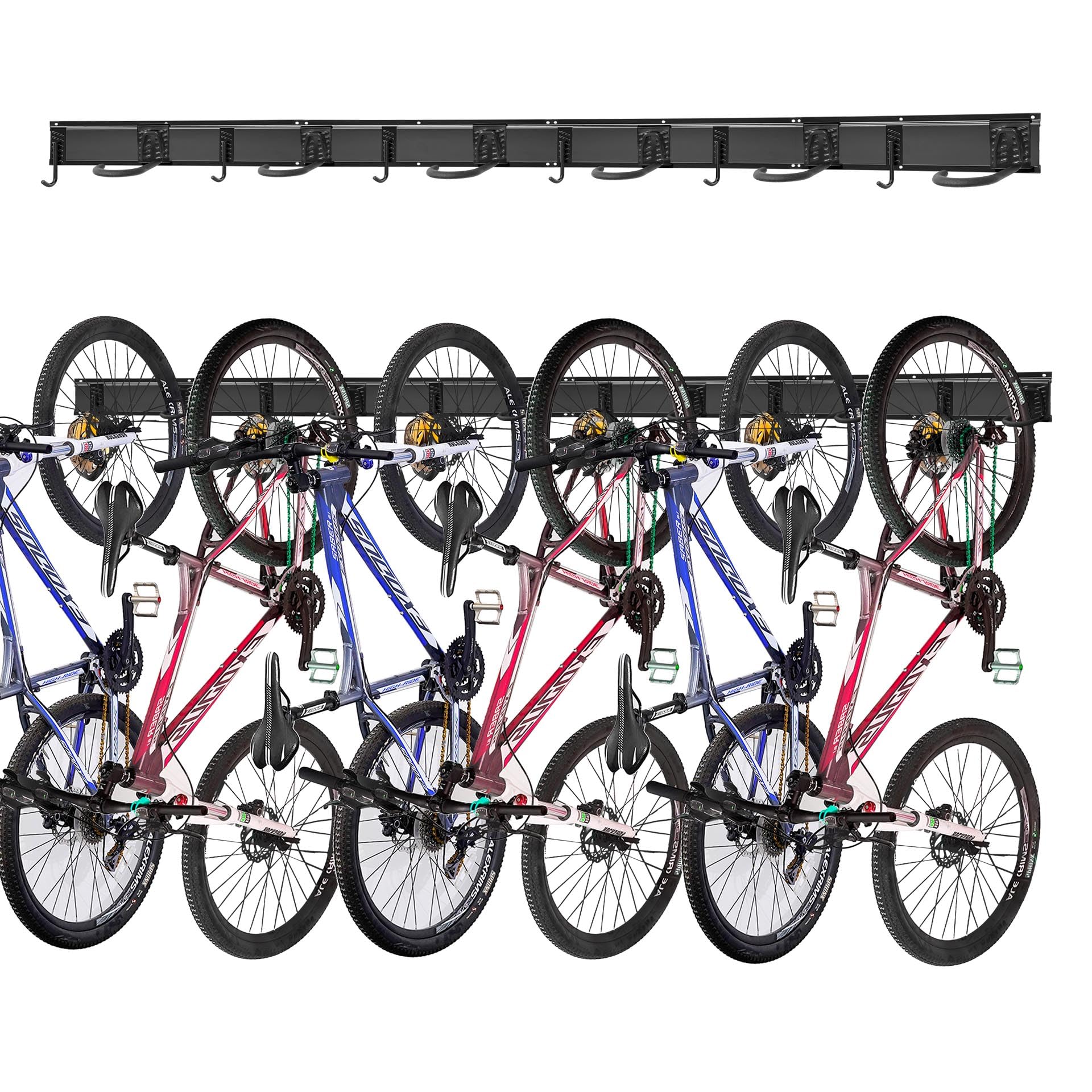 Mimoke Uchwyt ścienny do roweru, regulowany pionowo, zawieszenie rowerowe na ścianę do rowerów elektrycznych, MTB i wyścigowych | Uchwyt ścienny do rowerów i haków na kask (do 6 rowerów, 4 szyny)
