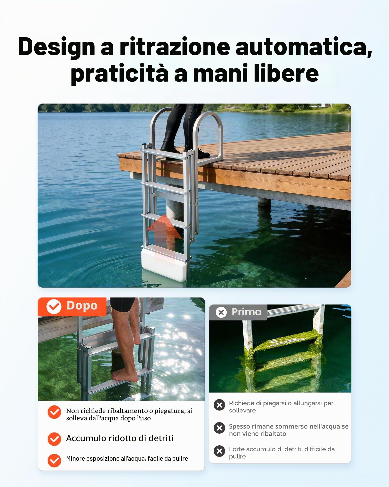 VEVOR Scaletta Telescopica per Molo, Scaletta Dritta Retrattile da Pontile, 4 Gradini Antiscivolo in PP, Portata Massima 227 kg, Struttura in Lega di Alluminio, Sistema Galleggiante Auto-Sollevante