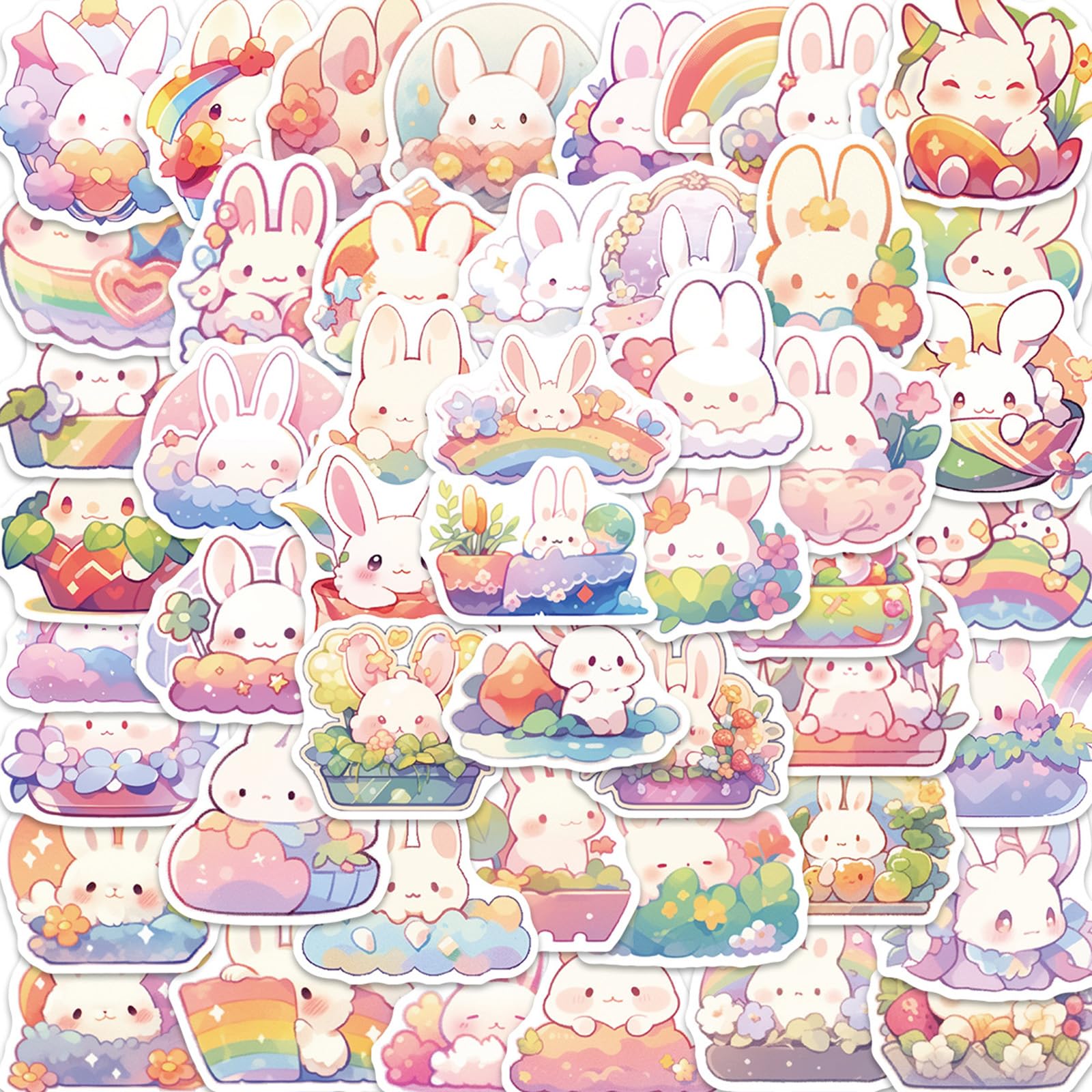 MAXSNOW 50 Pieces Cute Rainbow Rabbit Stickers Bunny Sticker Vinyl Waterproof Stickers for Teens Adults Decals for Loptop Water Bottles Skateboard Phone(Rainbow Rabbit)