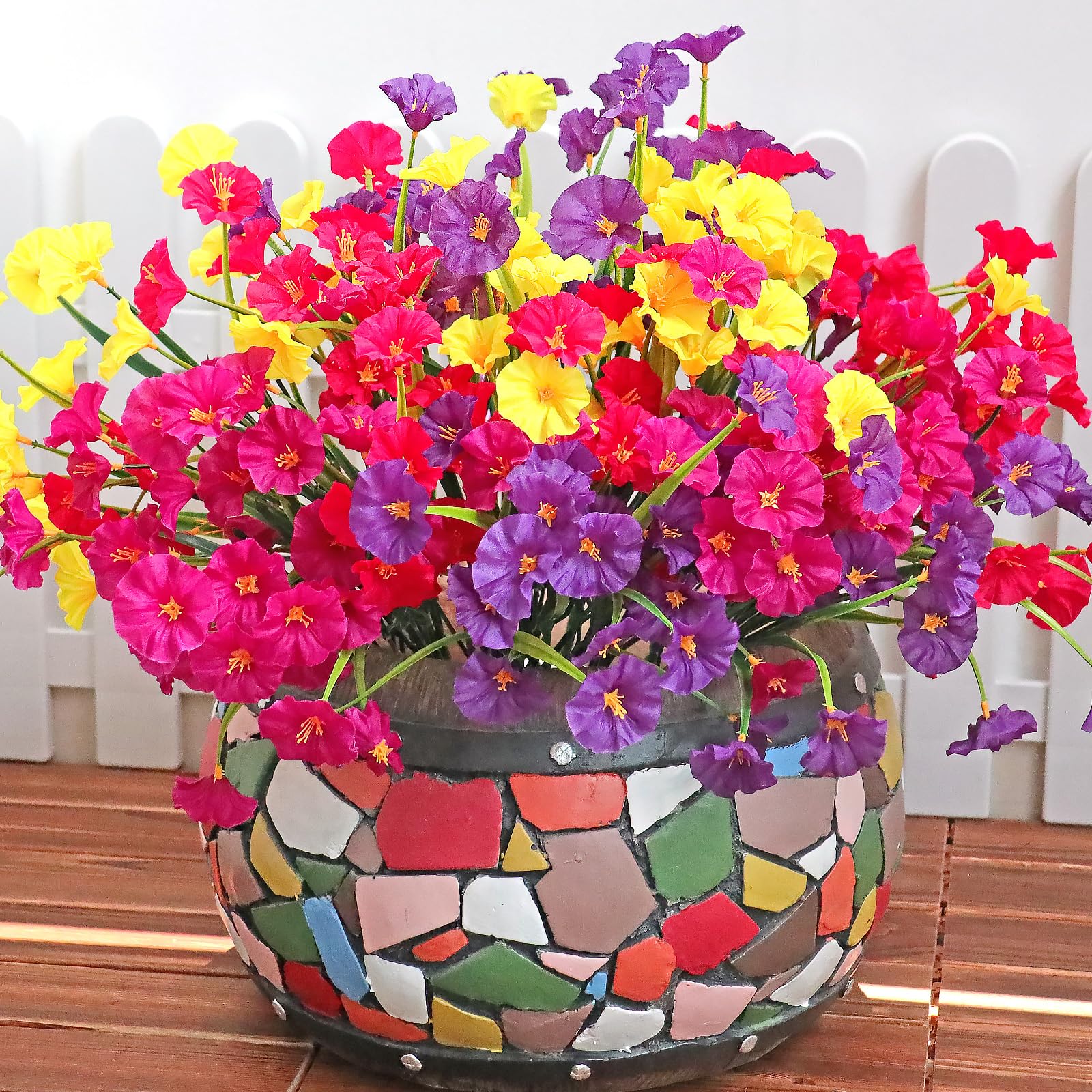 16 Bundles Artificial Fake Outdoor Flowers Plants, Faux Silk Realistic Morning Glory Floral Arrangement Planter UV Resista...
