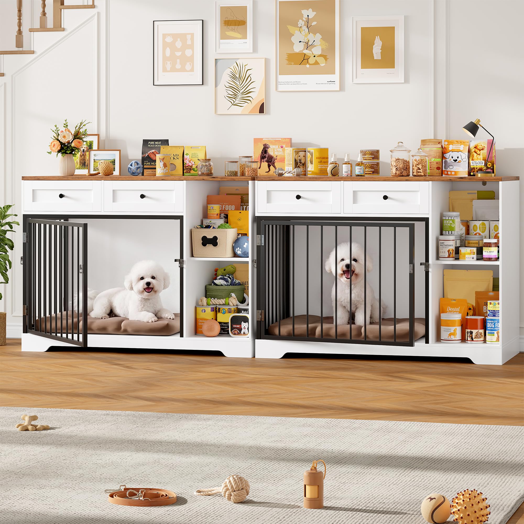FirFurd 120cm Gabbia per Cani con 2 Porte, Kennel Cane Medio con 2 Cassetti e 2 Scomparti Aperti, Cuccia in Stile Mobili con Stoccaggio in Metallo e Legno, 120x60x87 cm (Bianco+Marrone)
