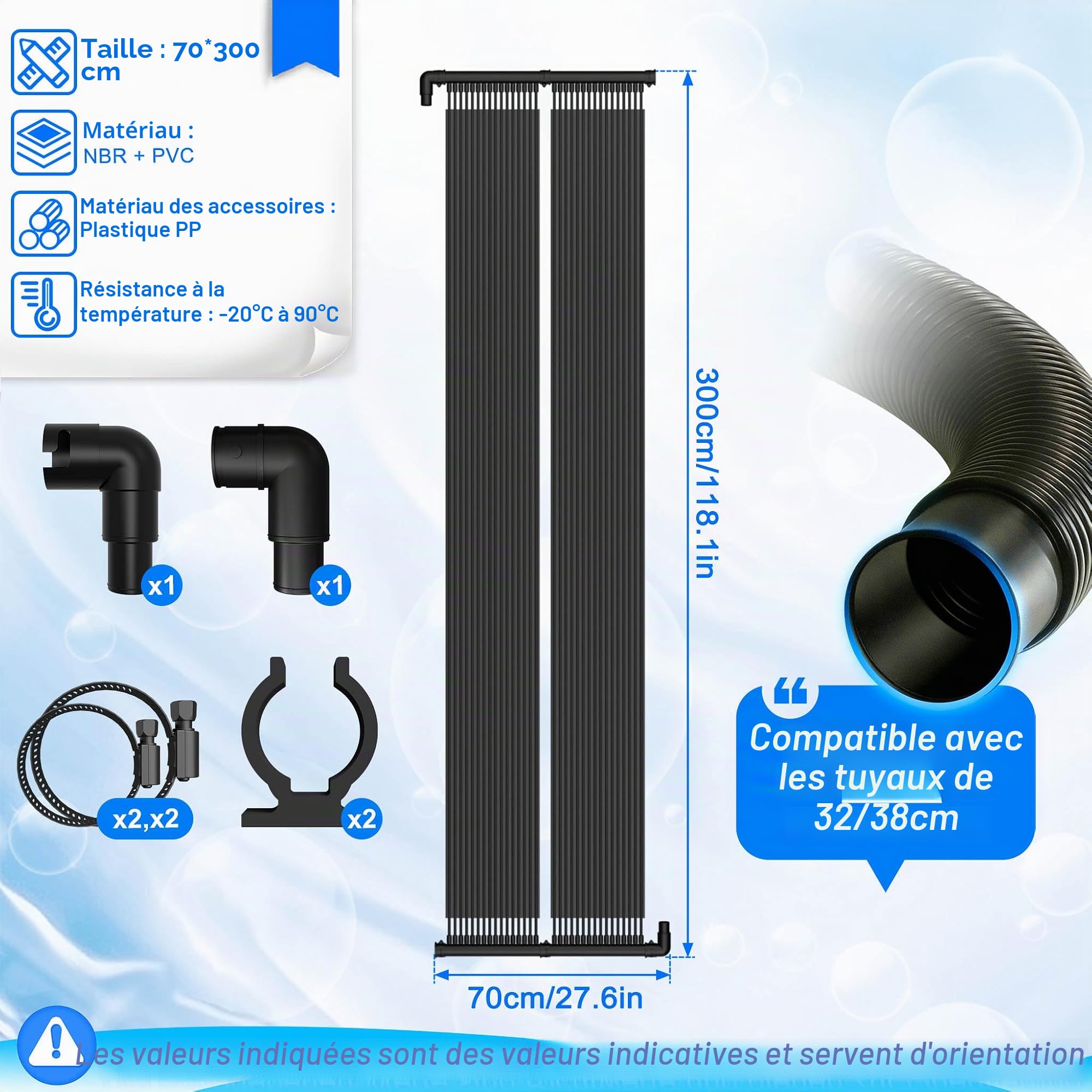 LZQ Chauffage solaire de piscine 300 x 70 cm, tapis solaire EPDM avec 32 canaux, panneau solaire extensible modulaire avec raccord universel 32/38 mm, alternative économe en énergie à la pompe à
