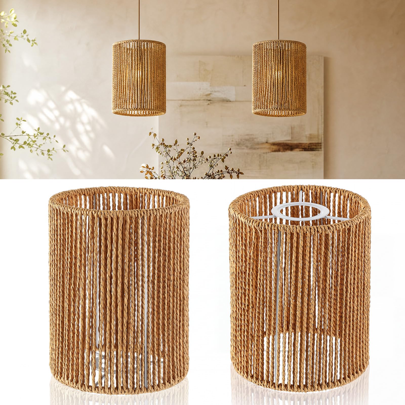 Photo 1 of Teenyyou Woven Paper Rope Lamp Shades Set of 2, 5.5" Top, 5.5" Bottom, 7.1" H