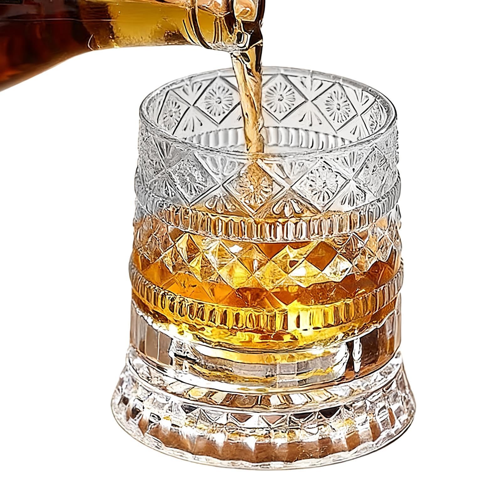 Rotating Whiskey Glass, Premium Bourbon Tasting Drinkware Set, Cocktail Glasses for Collectors Home Bar Entertainers, Elegant Design, Crystal Drink Presentation, Birthday Gift