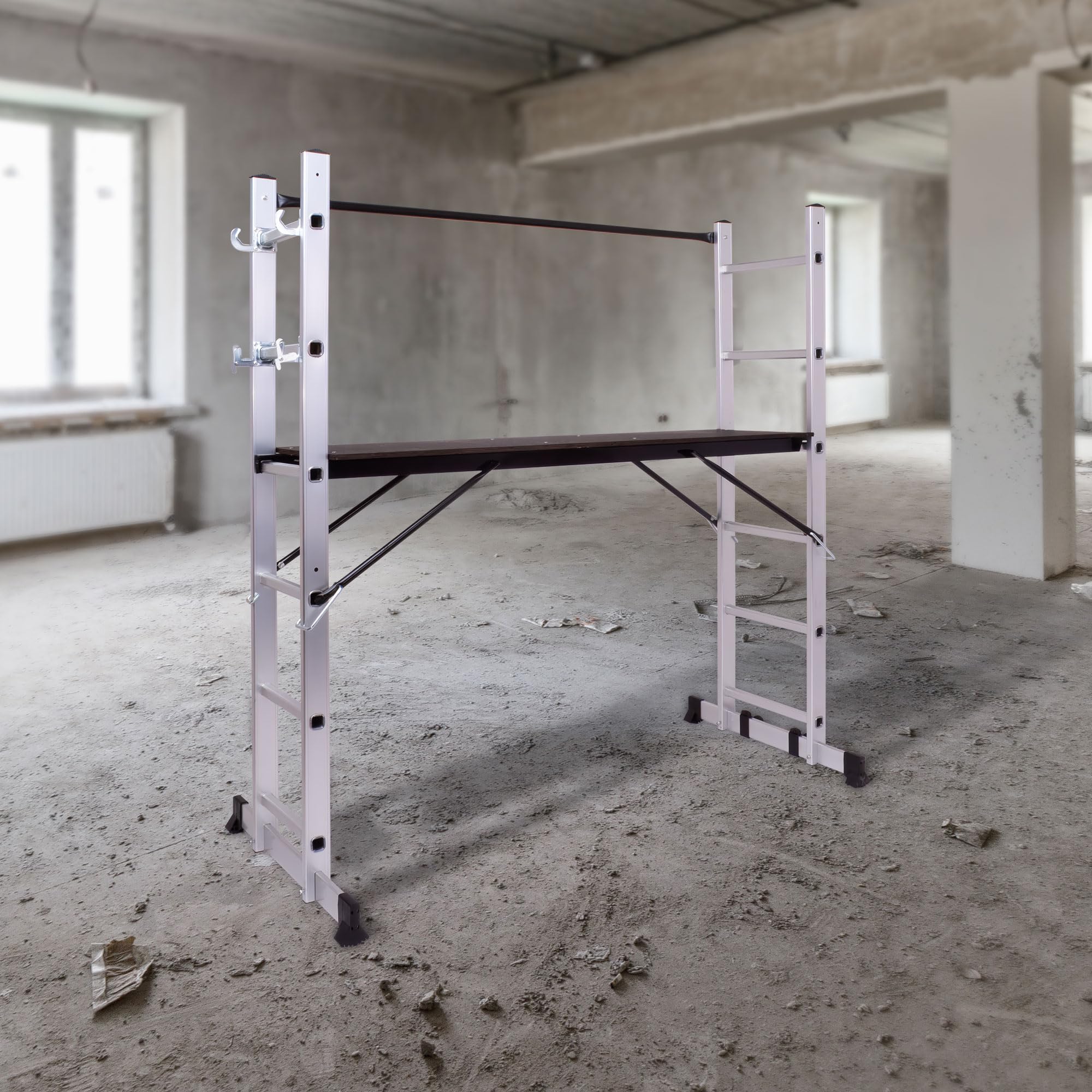 BOUDECH® RIG 100 – Impalcatura Multifunzione Trabattello 3 in 1 H165,5 cm Scala Ponteggio da Lavoro con Ruote in Alluminio Portata max 150 Kg