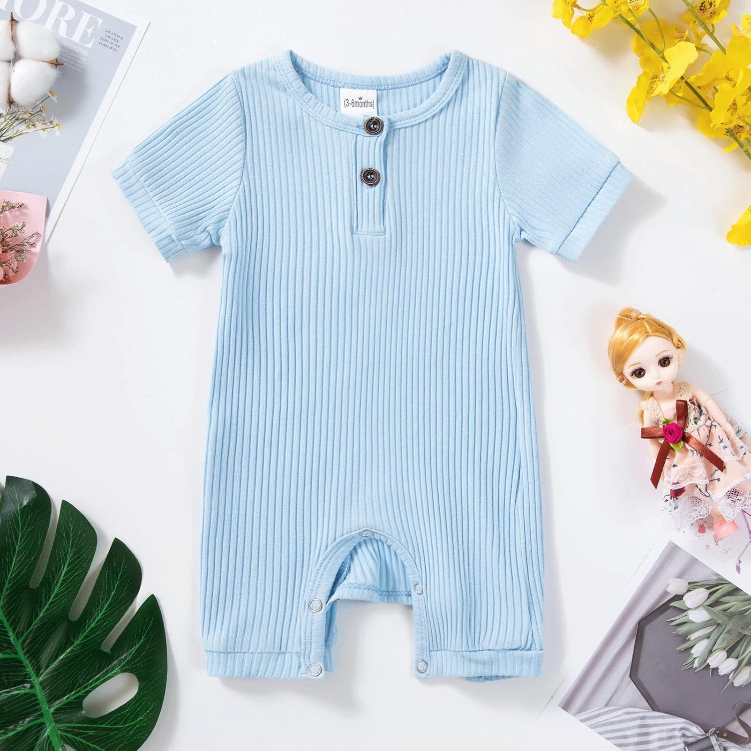 Miniatura 2 de Mameluco de una pieza para bebé recién nacido, traje de mameluco acanalado sólido para bebé niño