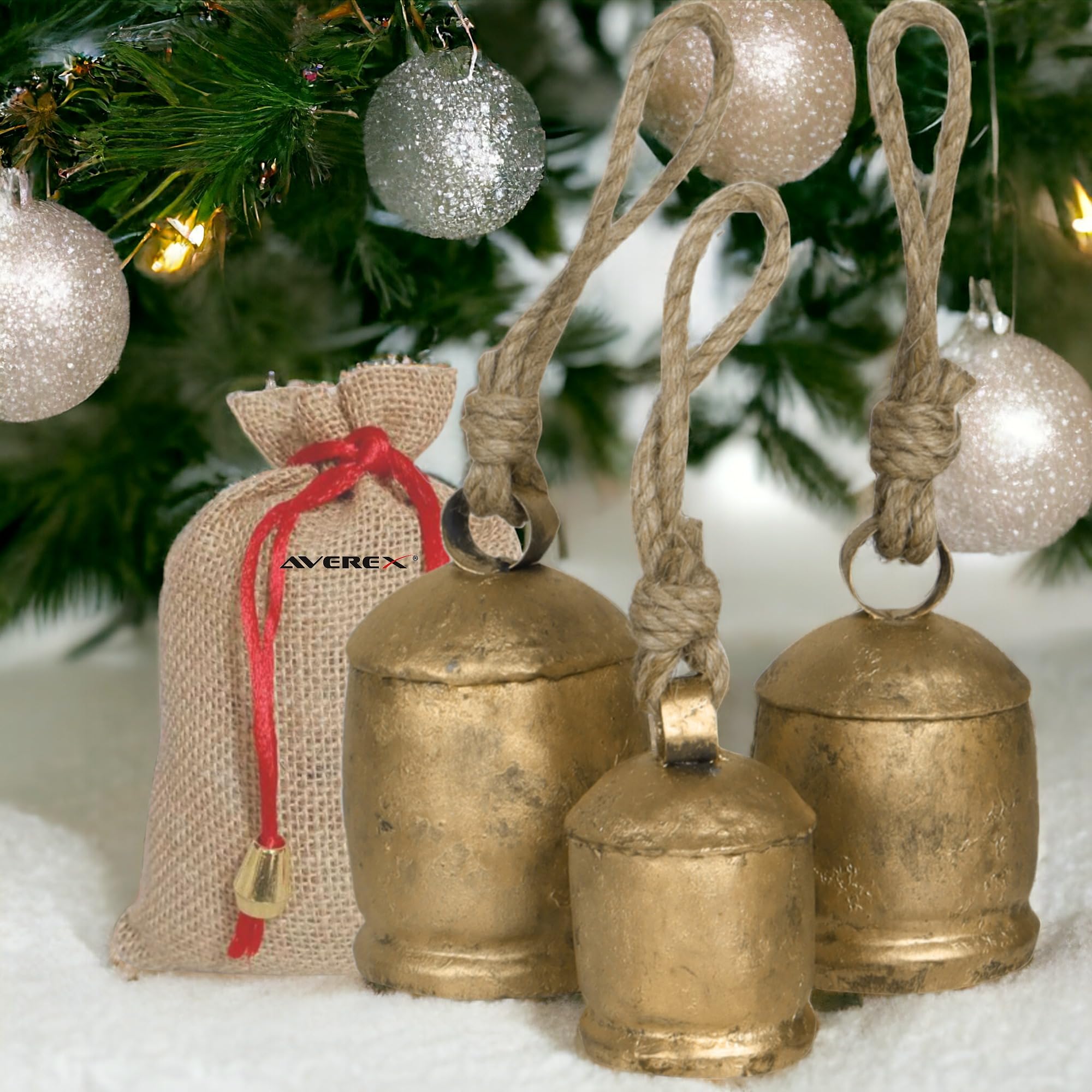 Set of 3 Large Harmony Vintage Rustic Handmade Cow Bell Christmas Decor Hanging Bells On Jute Rope