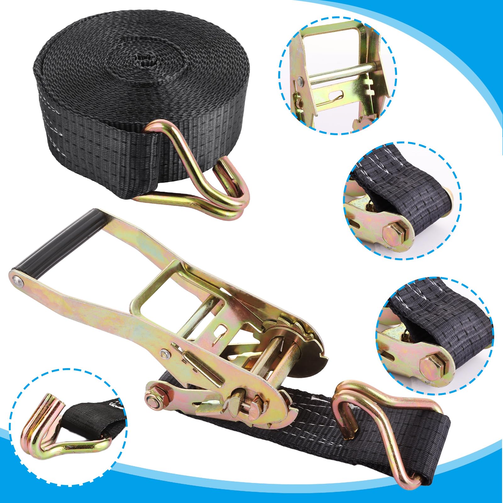 2 Sets Spanngurte mit Ratsche, 5 cm x 10 m, 3T Bruchfestigkeit, robuster Zurrgurt, Sicherungsgurte mit Griff und Metall-J-Haken für LKW, Auto, Motorrad, Schwarz