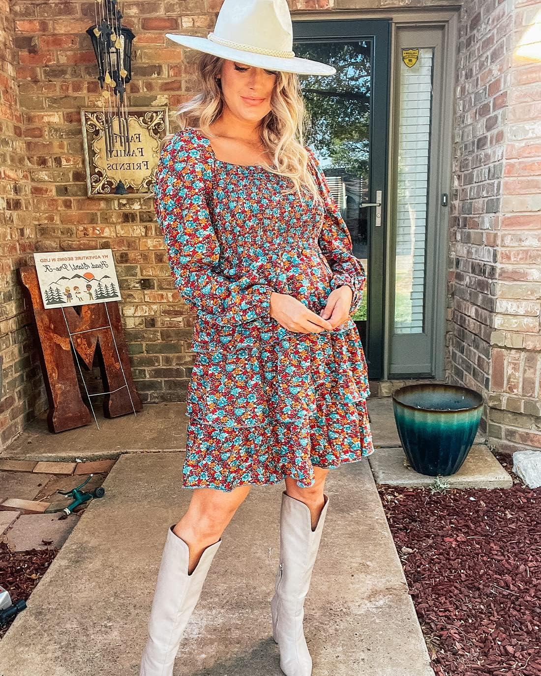 BTFBM Womens Long Sleeve Dress Vacation Square Neck Smocked Floral Swiss Dot Mini Boho Spring Wedding Guest Dresses 2026 - Image 5