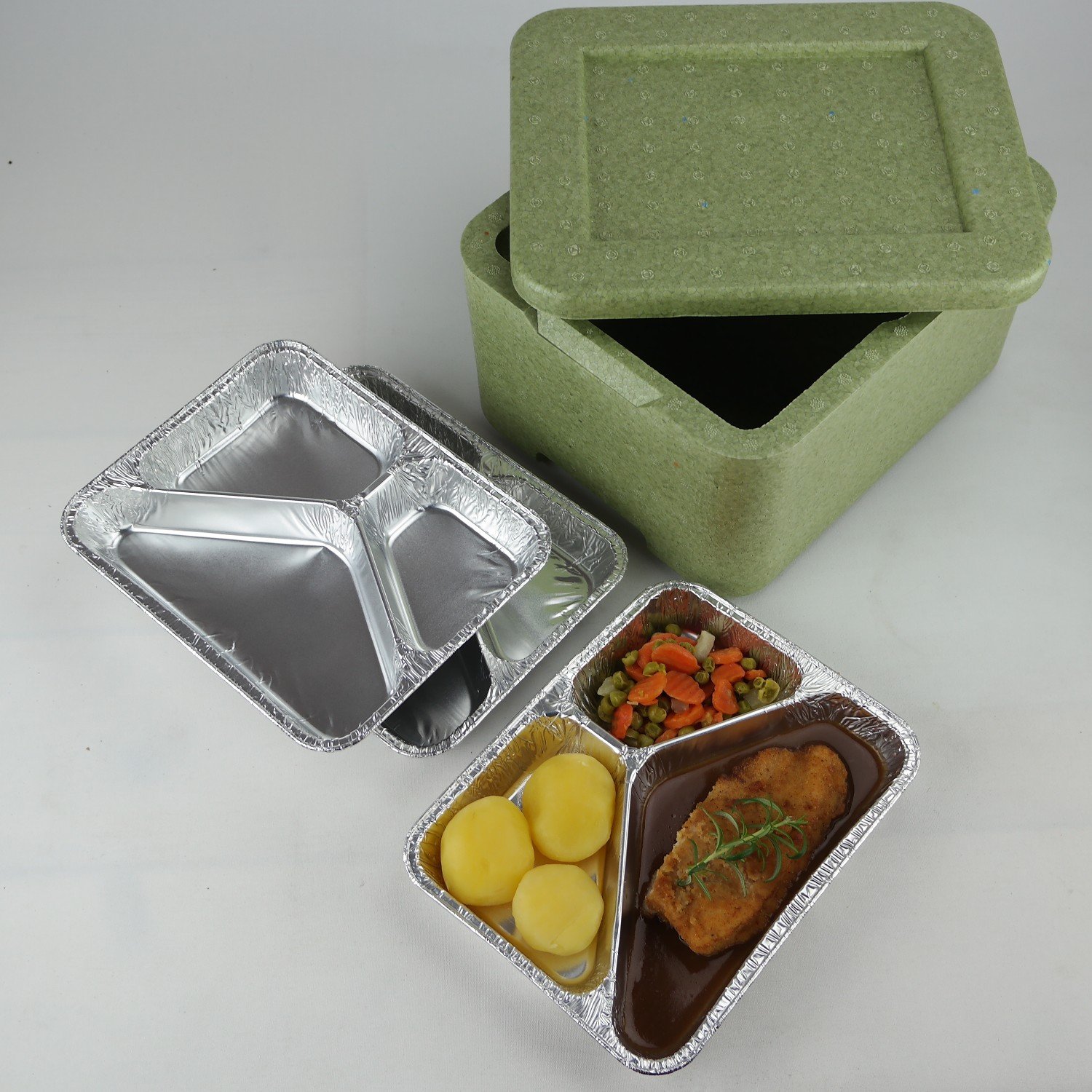 6x W3 Thermobox grün für 3 Menüschalen | Styropor | wiederverwendbar wiederverwendbare MENÜBOX-Transportbehälter für Catering und Lieferdienste