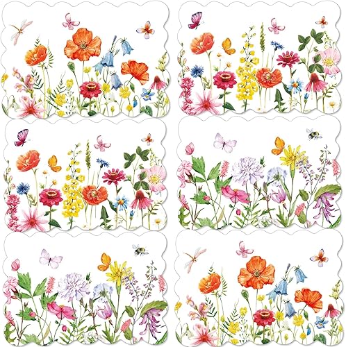 Juego de 6 manteles individuales de plástico de primavera, manteles individuales de vinilo para mesa de verano con flores de acuarela para