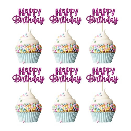 Gyufise Decoración para cupcakes con purpurina para cumpleaños y celebración, paquete de 24 unidades, color morado