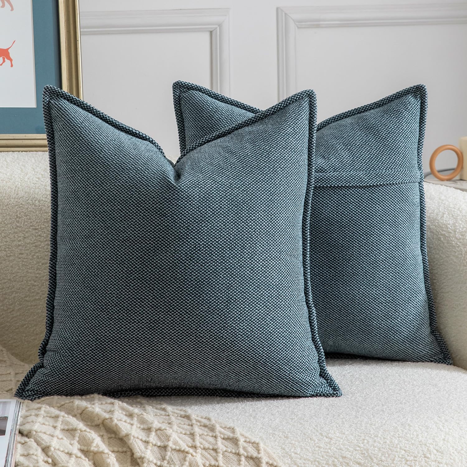 Madizz Decorative Chenille Blue Cushion Covers 55x55 cm Pack of 2 Throw Pillows for Couch Sofa Boho Accent Pillow Cases for Bed Cushion for Bedroom Living Room Modern Home Decor
