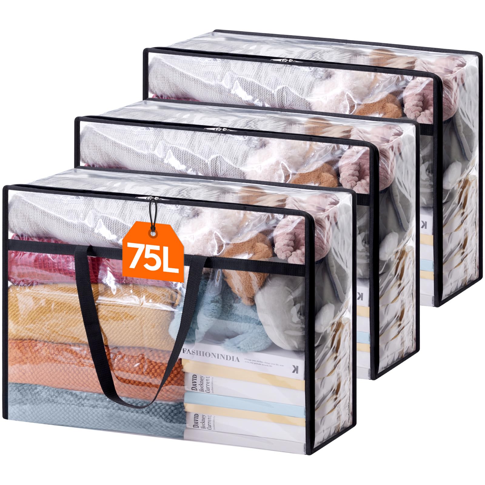 Lifewit 3 Pack Clear Plastic Storage Bags, 75L Foldable Clothes Storage Boxes Wardrobe Organizer Moving Bags with Reinforced Handle for Loft Wardrobe for Bedding Clothes Blanket Duvet