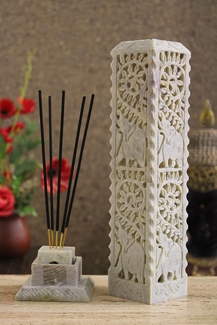 Carry Me Handmade Marble Soapstone Incense Stick Burner | Candle Stick Holder | Tea Light Burner - Perfect Elephant Carving for Gifting. Decorative Home and Kitchen Decor (3 x 3 x 11 Inches)