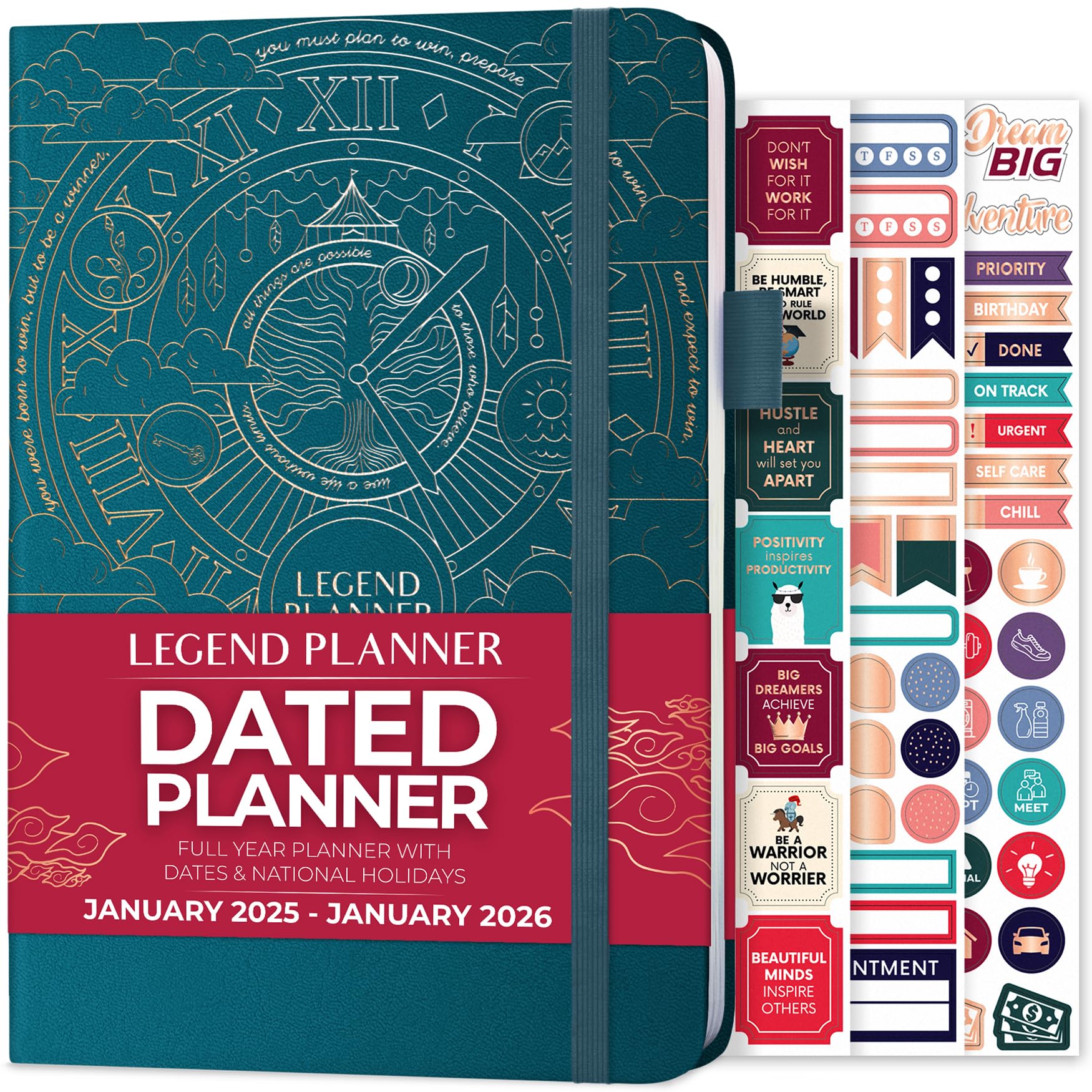 Legend Planner Jan 2026 – Jan 2027 Dated Weekly & Monthly Planner to Hit Your Goals, Increase Productivity & Live Happier. Organizer Notebook & Productivity Journal. A5 Hardcover (Dark Teal)