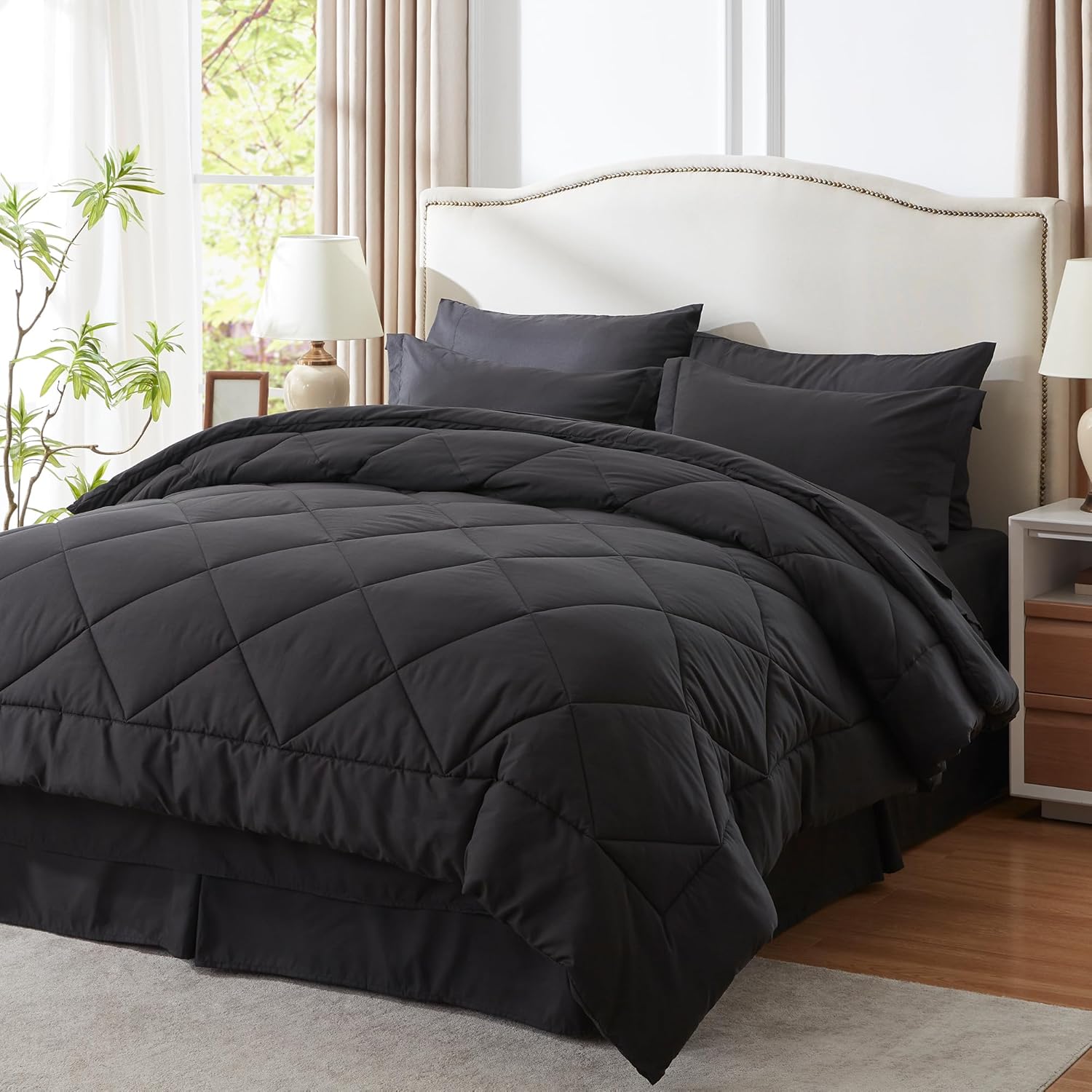 NexHome Queen Comforter Set- Bed in a Bag 8 Piece All Season Bedding Sets with Comforter, Flat Sheet, Fitted Sheet,Bed Skirt, Pillow Shams and Pillowcases-Black