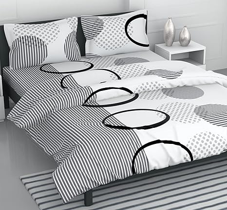 LORETO A QUALITY LINEN BRAND Printed 144 TC Cotton Bedsheet for Double Bed with 2 Pillow Covers - White & Grey