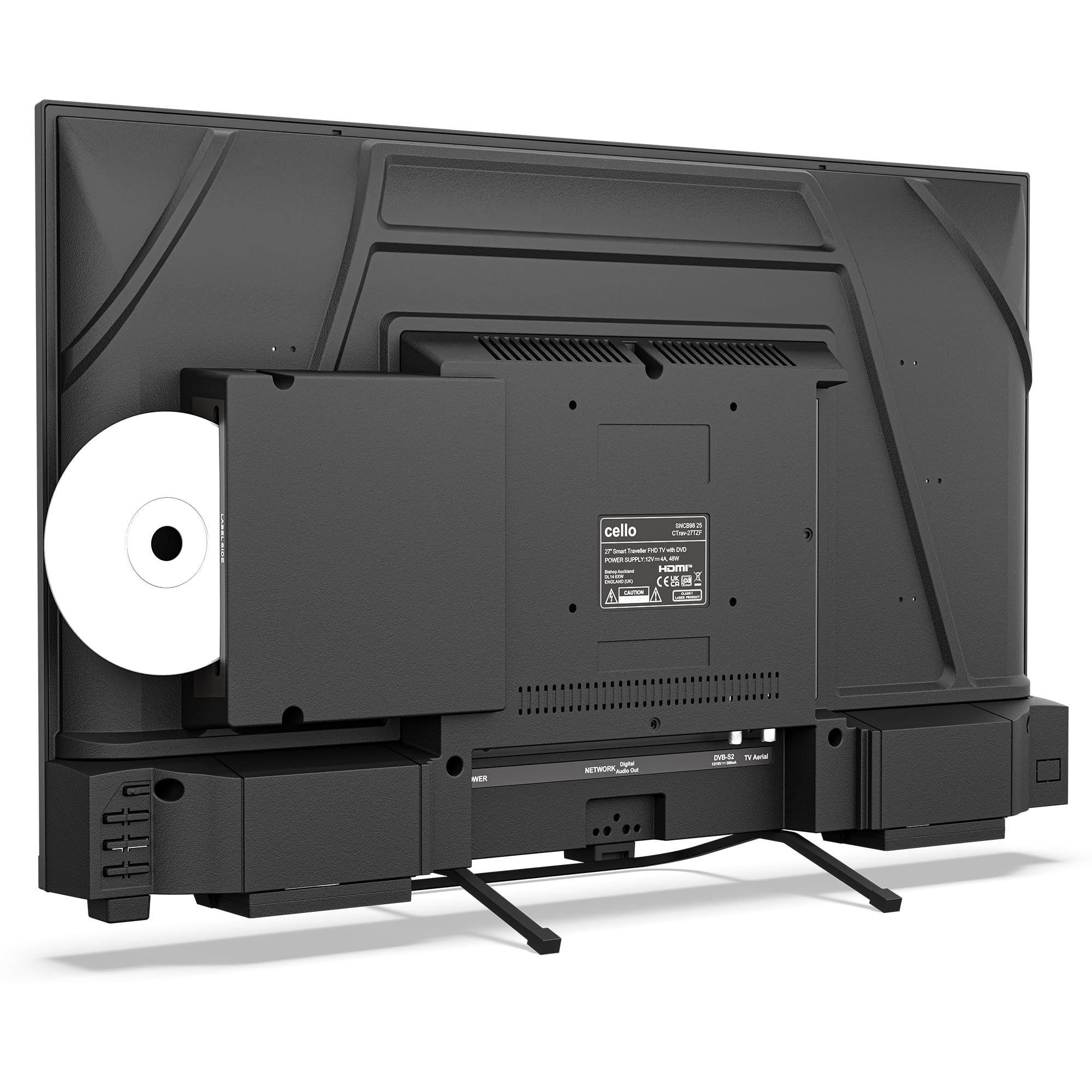 Cello Ctrav-27TZF TV/DVD Smart 27" 12V con Tizen OS di Samsung, altoparlanti Pitch Perfect, Bluetooth, HDMI, USB, prodotto nel Regno Unito, ideale per camper e barche.