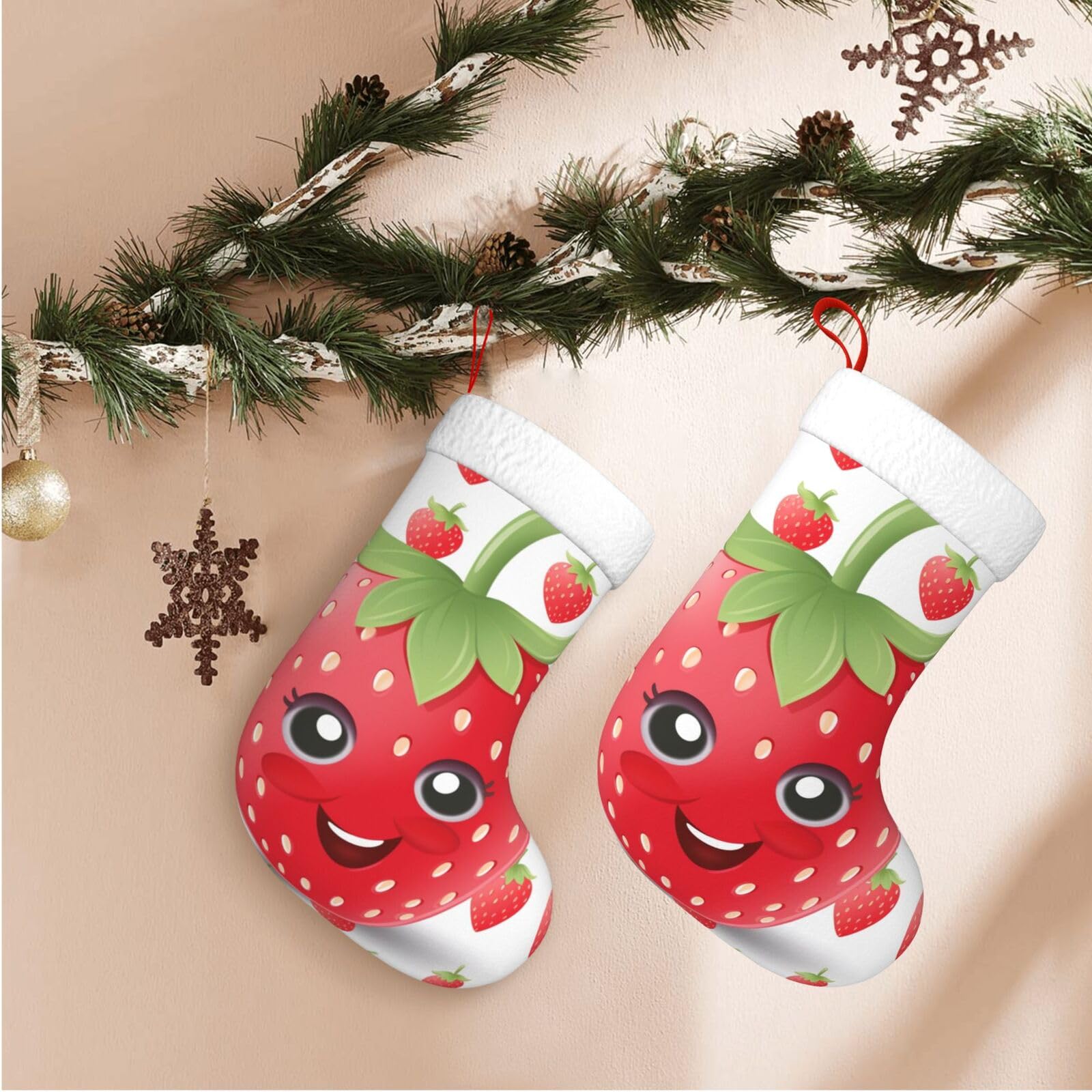 Strawberry Christmas Stockings Velvet Xmas Fireplace Hanging Stocking with Plush Cuff Rustic Christmas Santa Stockings for Home Christmas Decorations Party Favor Supplies