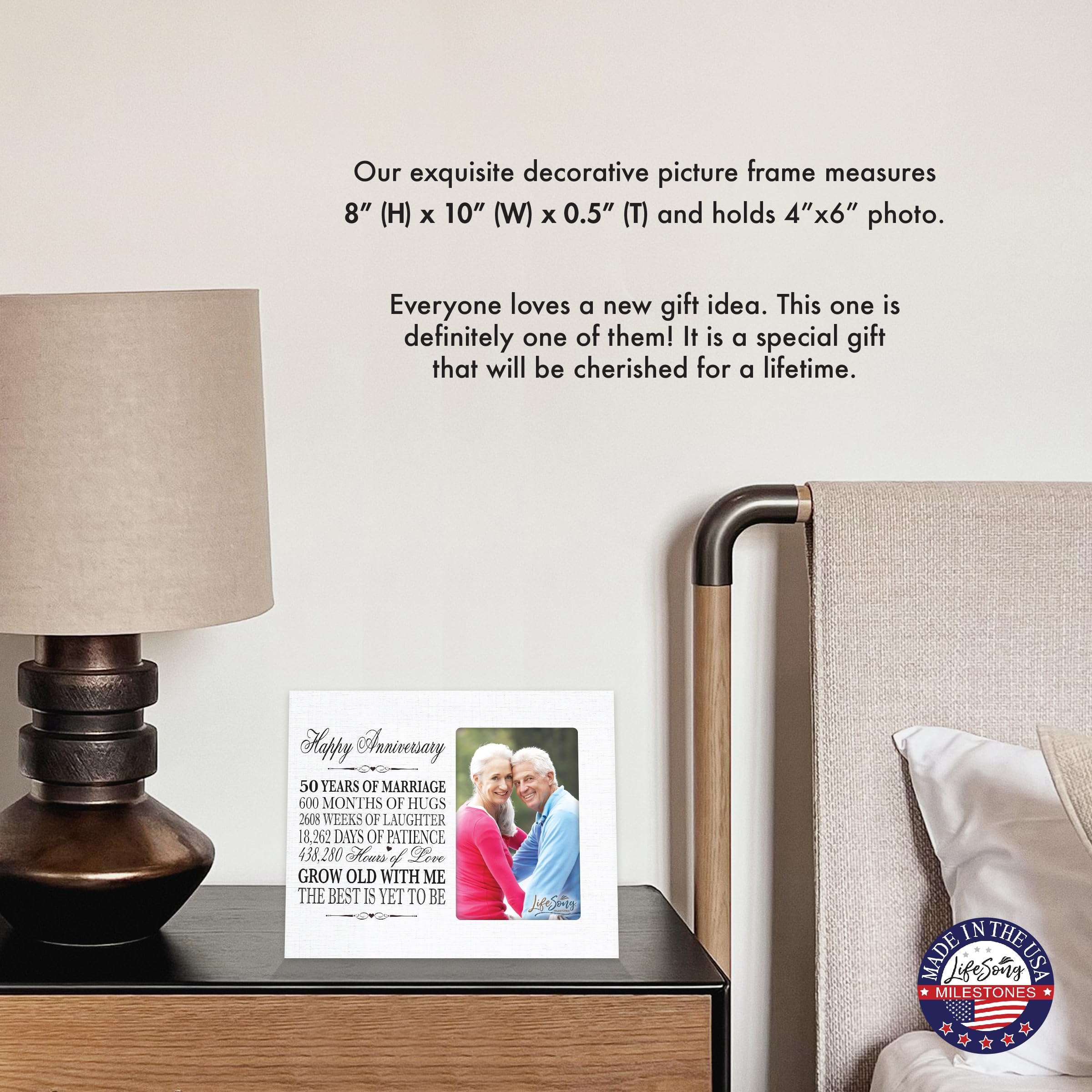 LifeSong Milestones 50th Wedding Anniversary Picture Frame: Marriage, Cherish Memories with this Elegant Frame, Holds 4x6 Photo Celebration Keepsake for Parents, Grandparents Mom Dad (White)