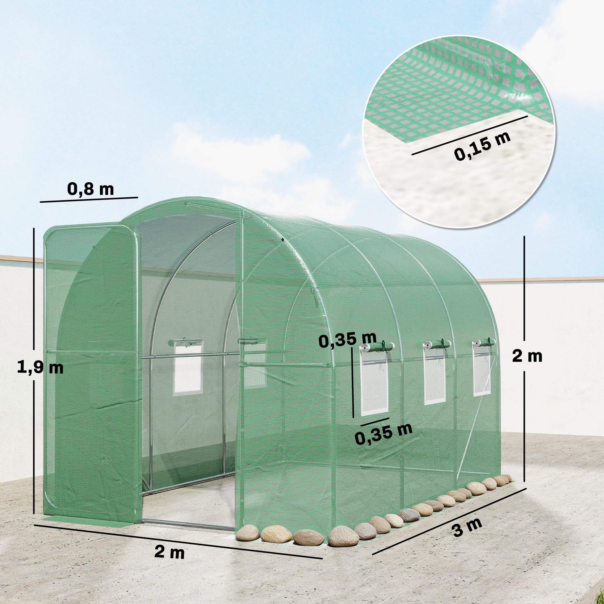 Outsunny Szklarnia 3x2x2 m foliowa z drzwiami zderzakowymi Zielona | Zamykana, 6 rolowanych okien, pręty wsporcze, wydłużone krawędzie, tunel foliowy UV, zimoodporny dom pomidorowy