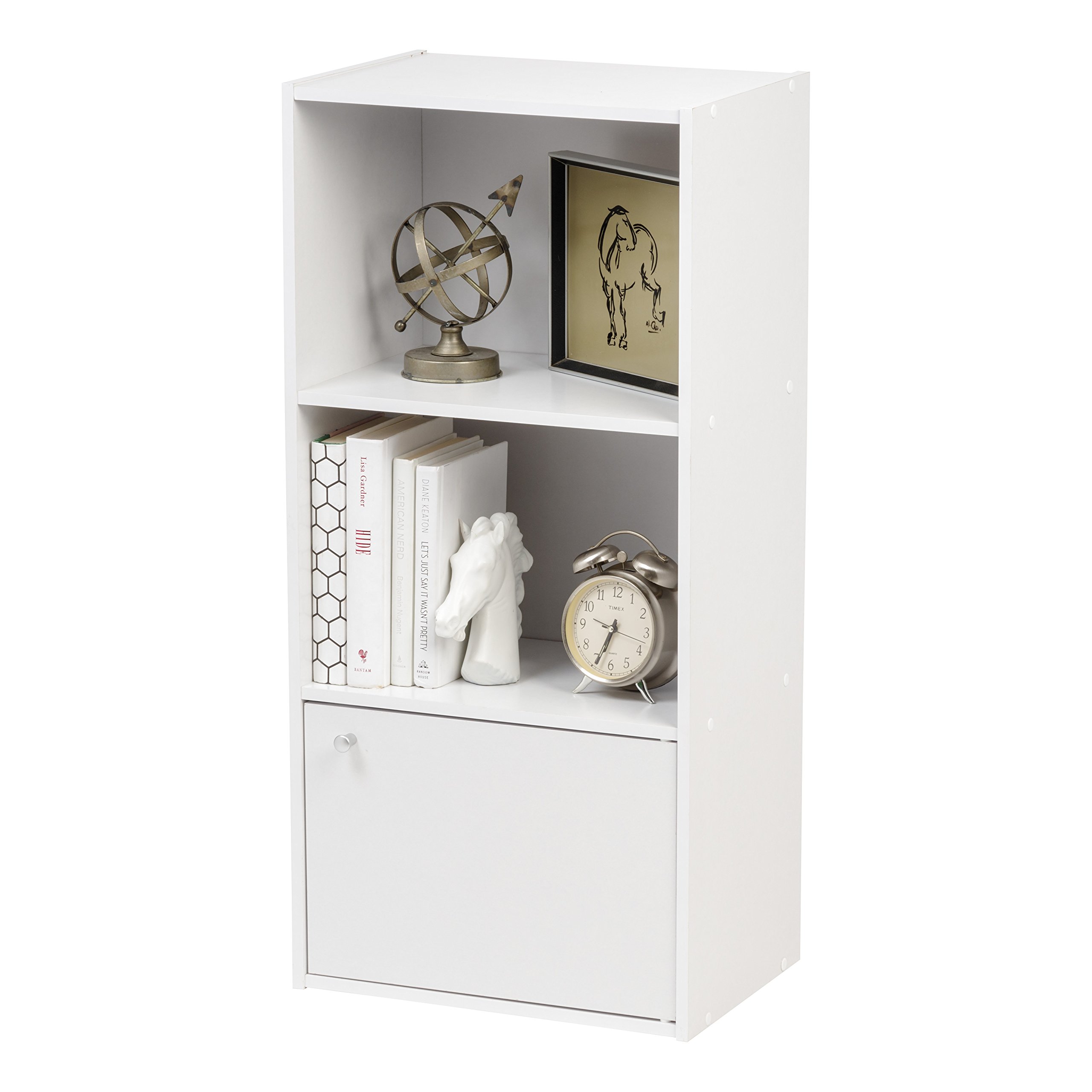 IRIS USA 3 Tier Bookshelf and Storage Cupboard, Open Cubby Storage Shelf with Door, Small Storage Cabinet, White,596379