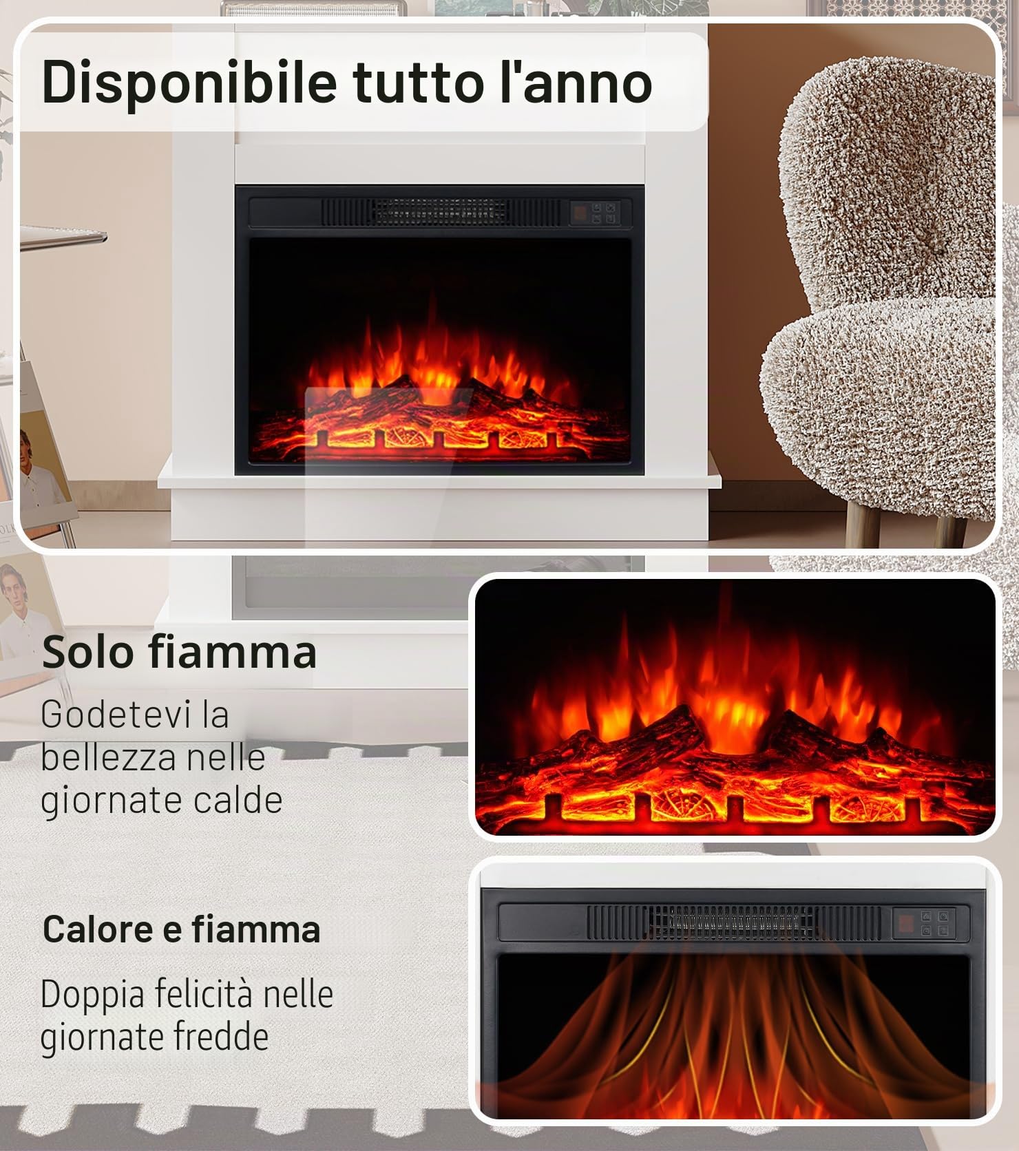 M.C.Haus Camino elettrico da 58 cm, da incasso, indipendente, 1800 W, con 3 colori di fiamma e 3 livelli di luminosità, protezione da surriscaldamento, effetto realistico