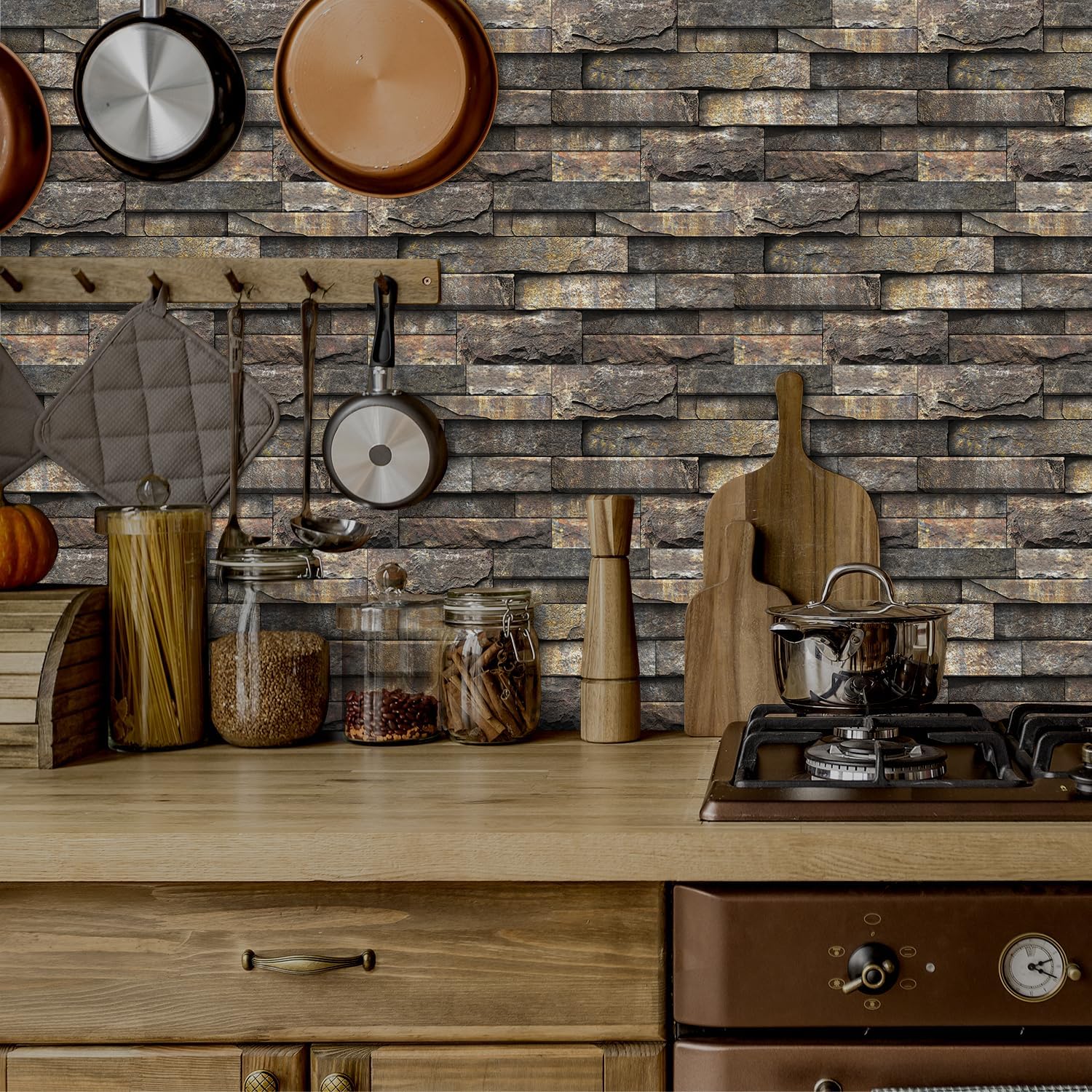 Alwayspon 24Pcs 12x6inch Peel&Stick Wall Sticker Vinly Wallpaper, Waterproof Backsplash for Kitchen Bathroom, Self-Adhesive Tile Transfers Decal Stick on Tiles with Natural Stone Brick Effect