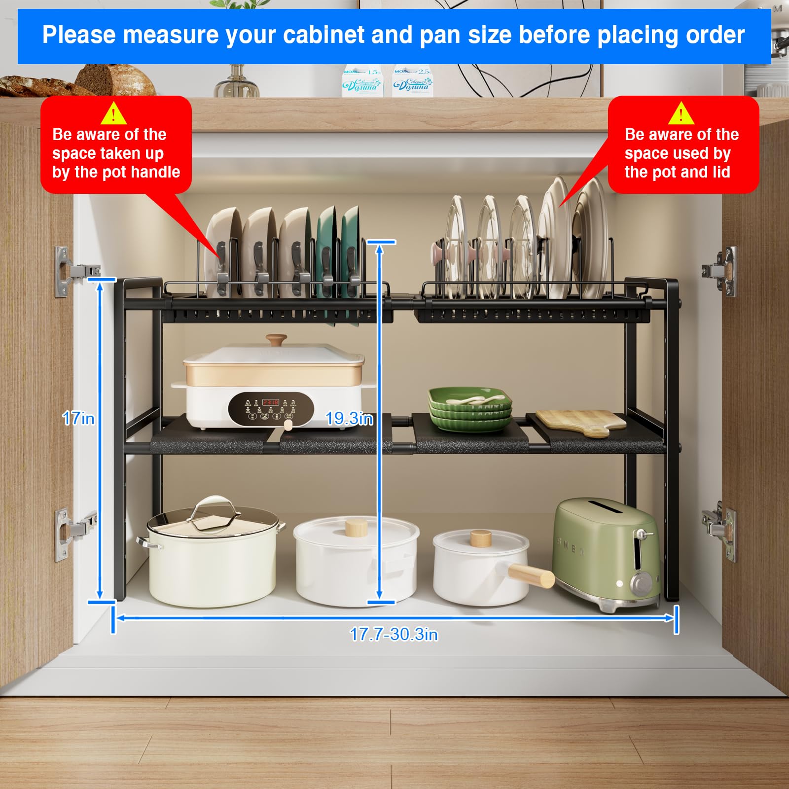 Mustorn Organizador Sartenes Espandibile, 2 Niveles Organizador Sartenes Y Ollas Cajon, Soporte Para Tapas De Ollas Altura Ajustable, Soporte Sartenes Con 12 Separadores(Negro)