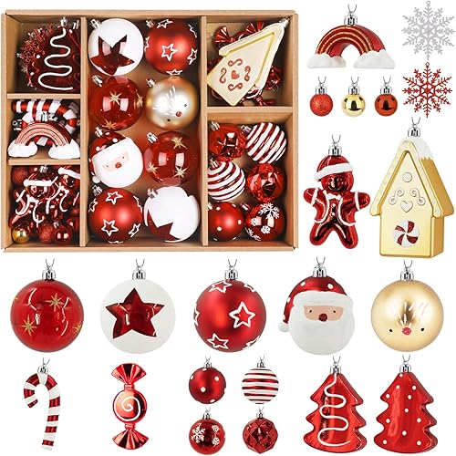 Alupssuc Juego de 65 bolas de Navidad, bolas de plástico inastillables, casa de jengibre y decoración de árbol de Navidad, vacaciones, boda, fiesta,