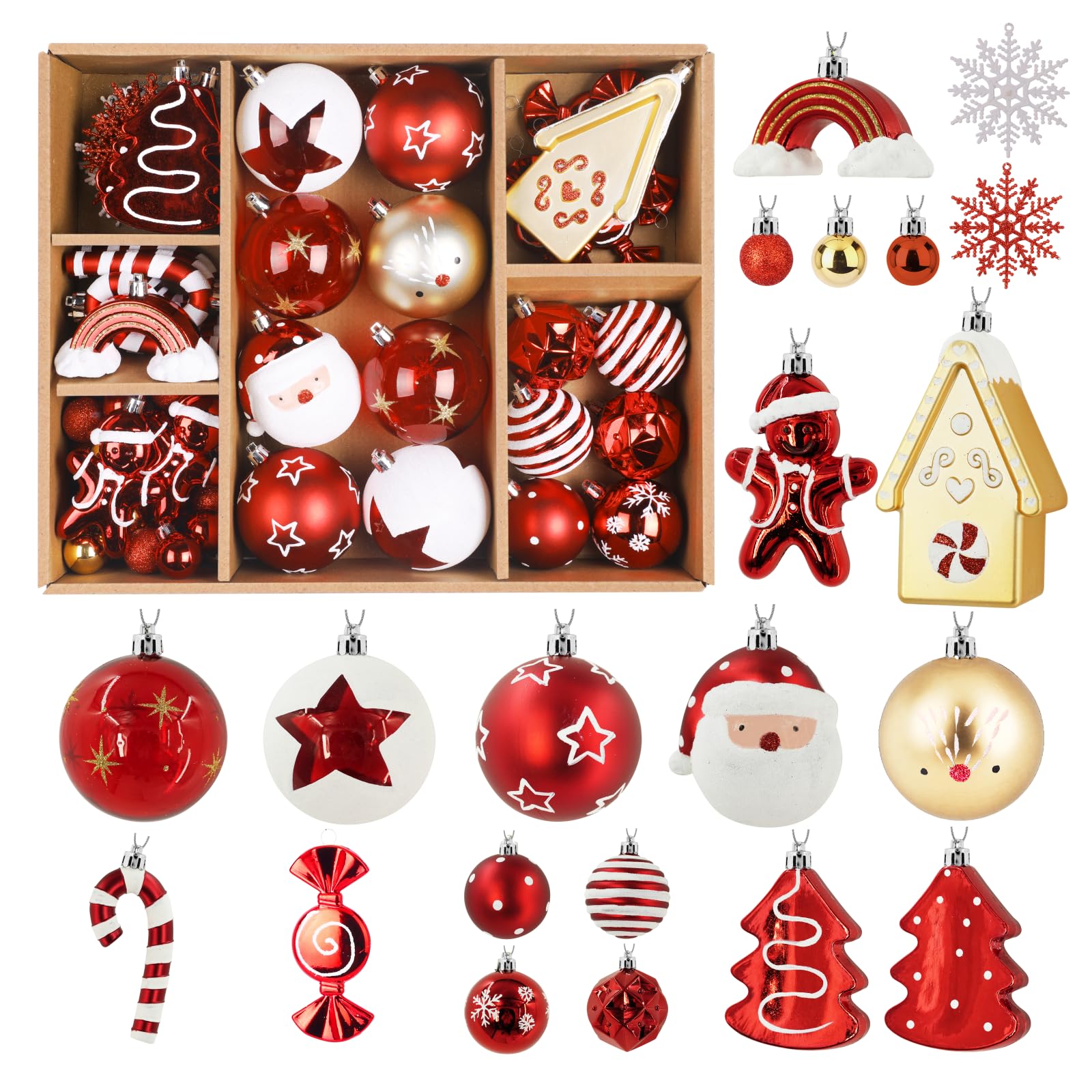 Alupssuc 65-teiliges Weihnachtskugel-Ornament-Set, bruchsichere Kunststoffkugeln, Lebkuchenhaus und Baumspitze für Weihnachtsbaum, Urlaub, Hochzeit, Party, Dekorationen mit hängenden Schnüren, Rot und