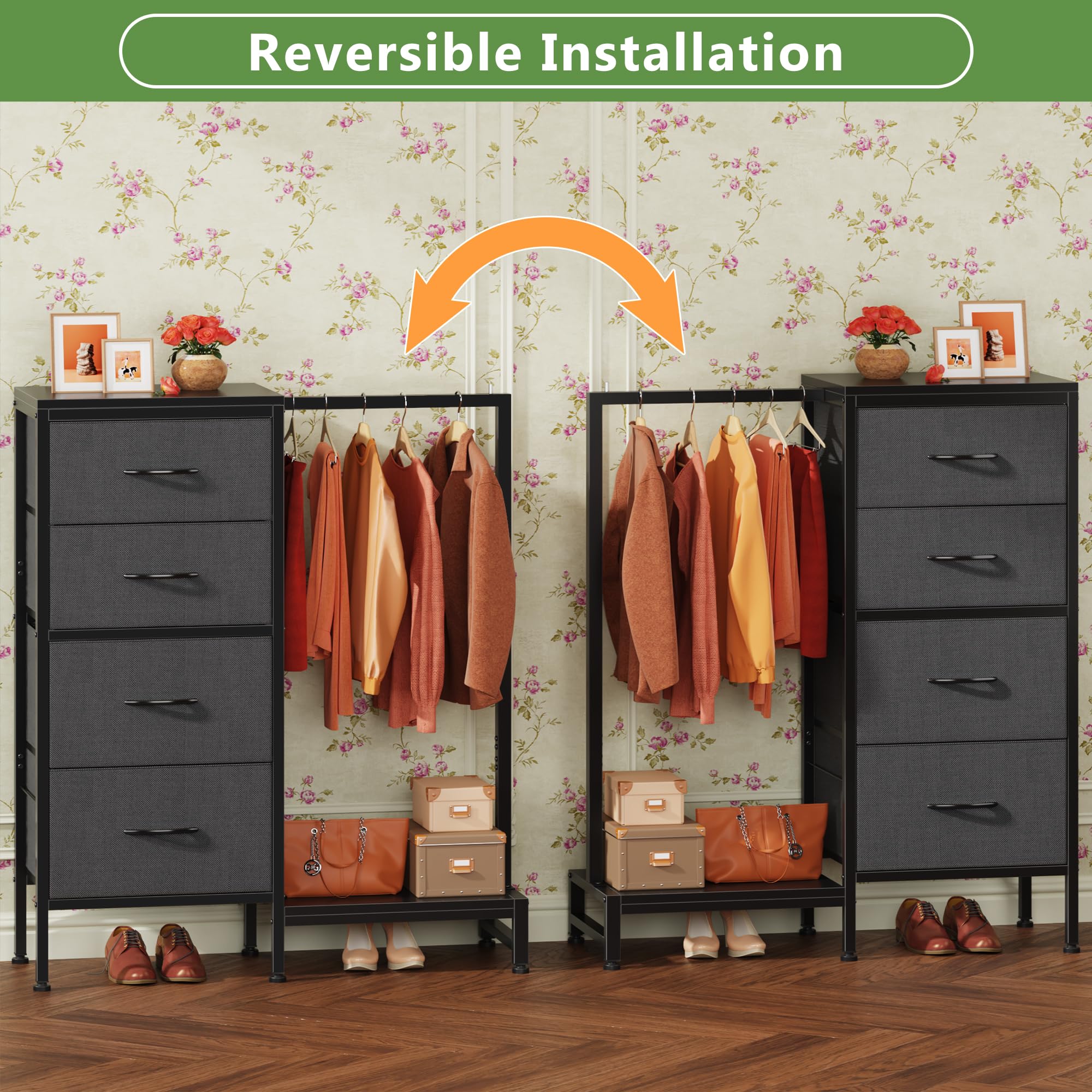 Cómoda con estante para colgar, armario pequeño de 4 cajones para dormitorio, cómoda de tela reversible para niños con perchero, torre de almacenamiento alta, marco resistente, gris, 44 7