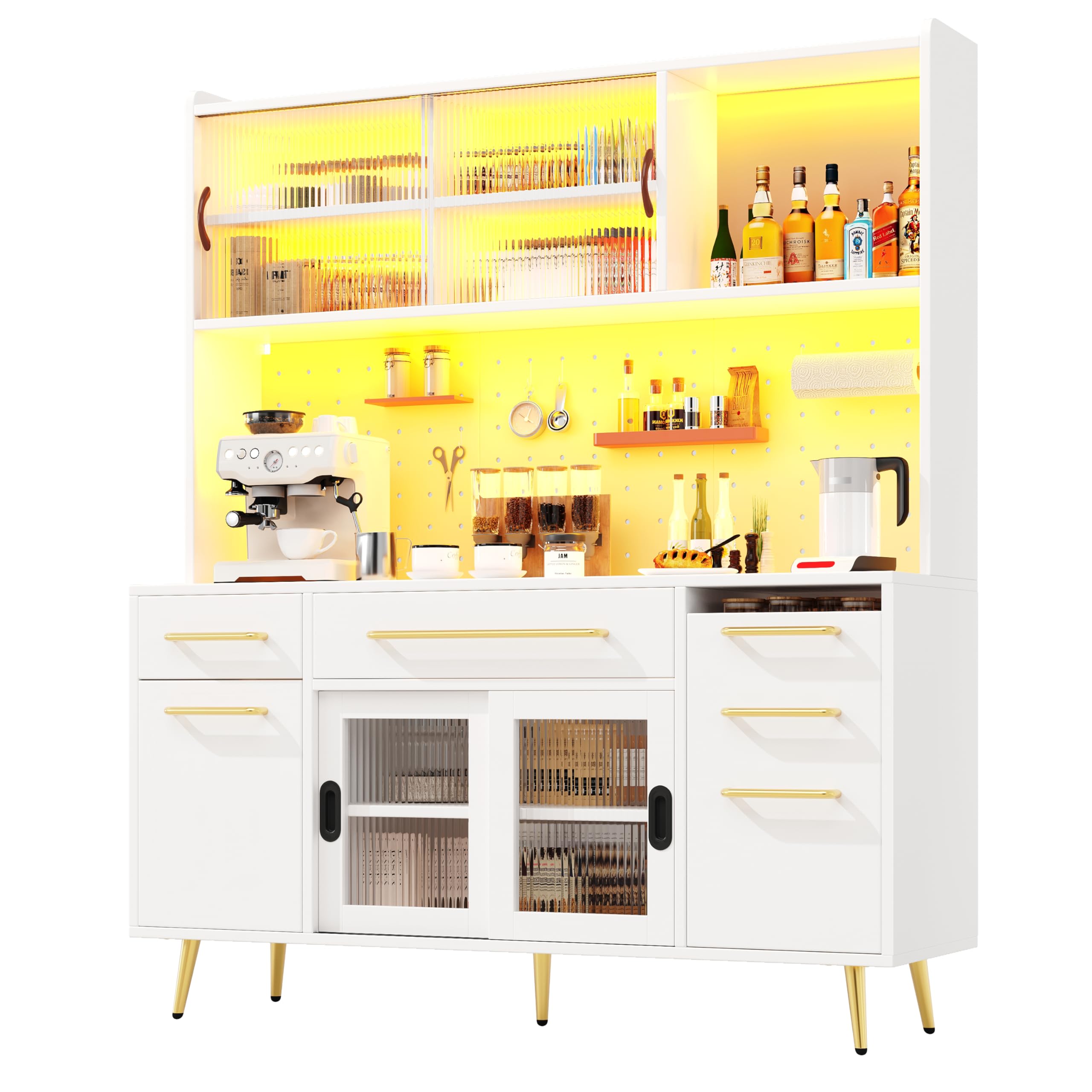 Credenza bianca 145 × 39 × 171 cm, armadio alto per cucina e soggiorno, armadietto con parete forata, cassetto e porta in vetro