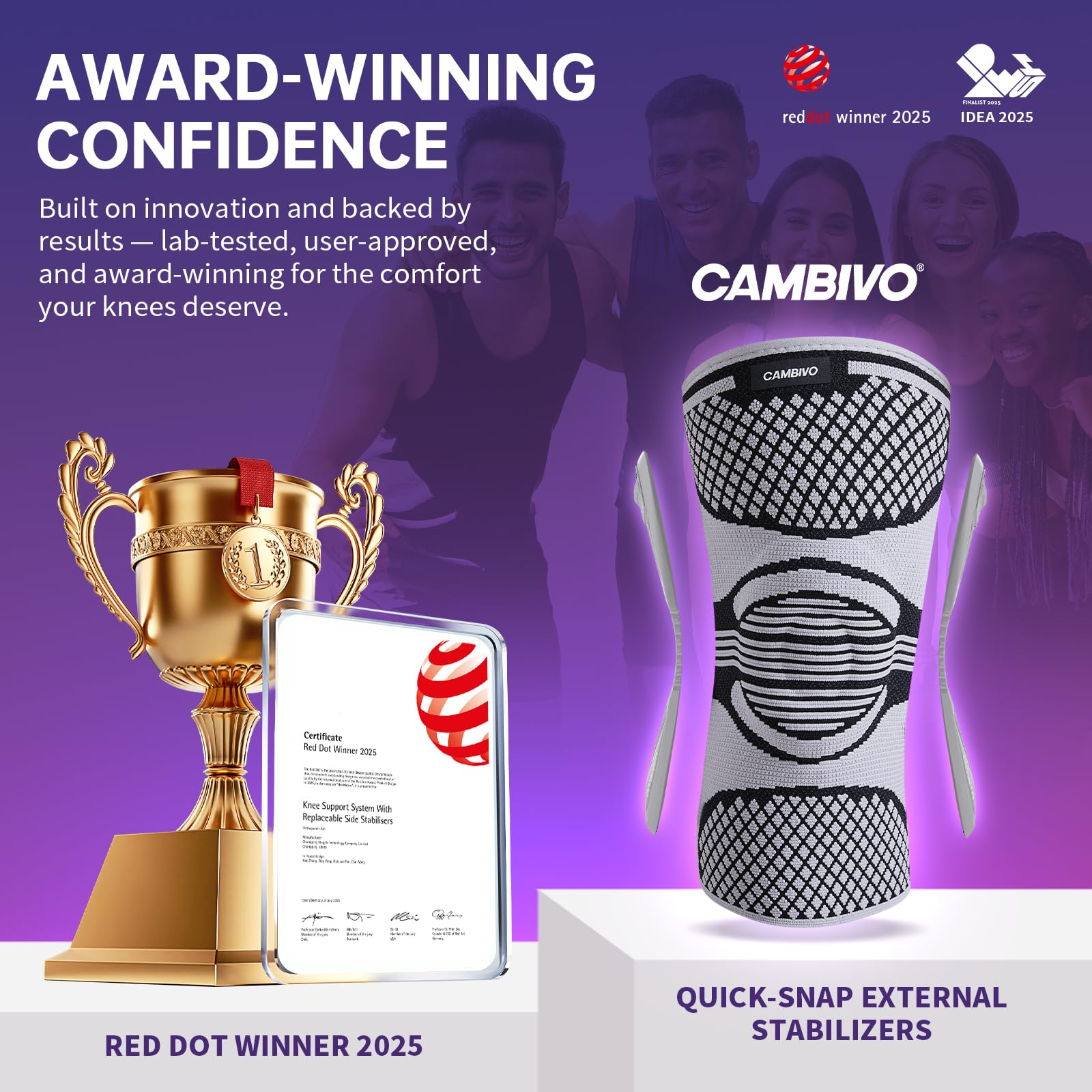 CAMBIVO Genouillère Sport à Compression avec Renforts Amovibles – Stabilisation Ligamentaire Magnétique, Coussin Gel Rotulien, Genouillere Arthrose Genou pour Sport et Récupération