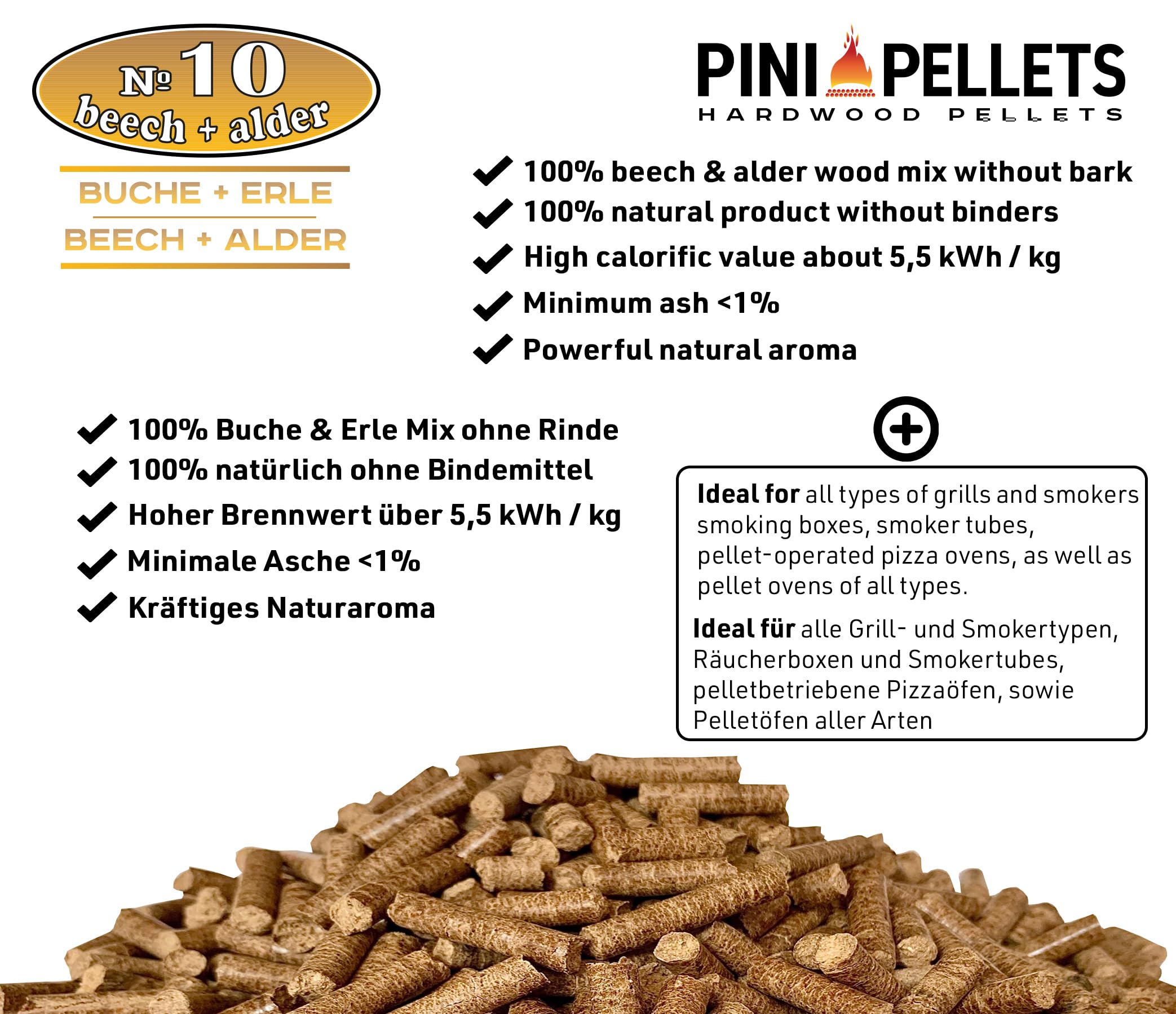 PINI Pellets BBQ N°10 Hêtre & Aulne 10 kg – Pellets de Bois Dur pour Barbecue Grillades Fumage à Chaud et à Froid Fumoir
