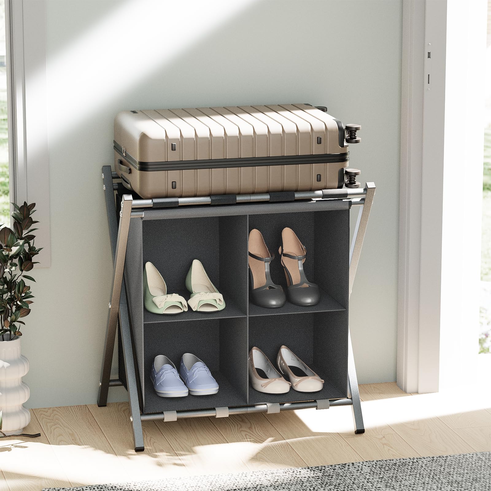 Folding Metal Luggage Rack, Suitcase Stand with Storage Shelf - Image 4