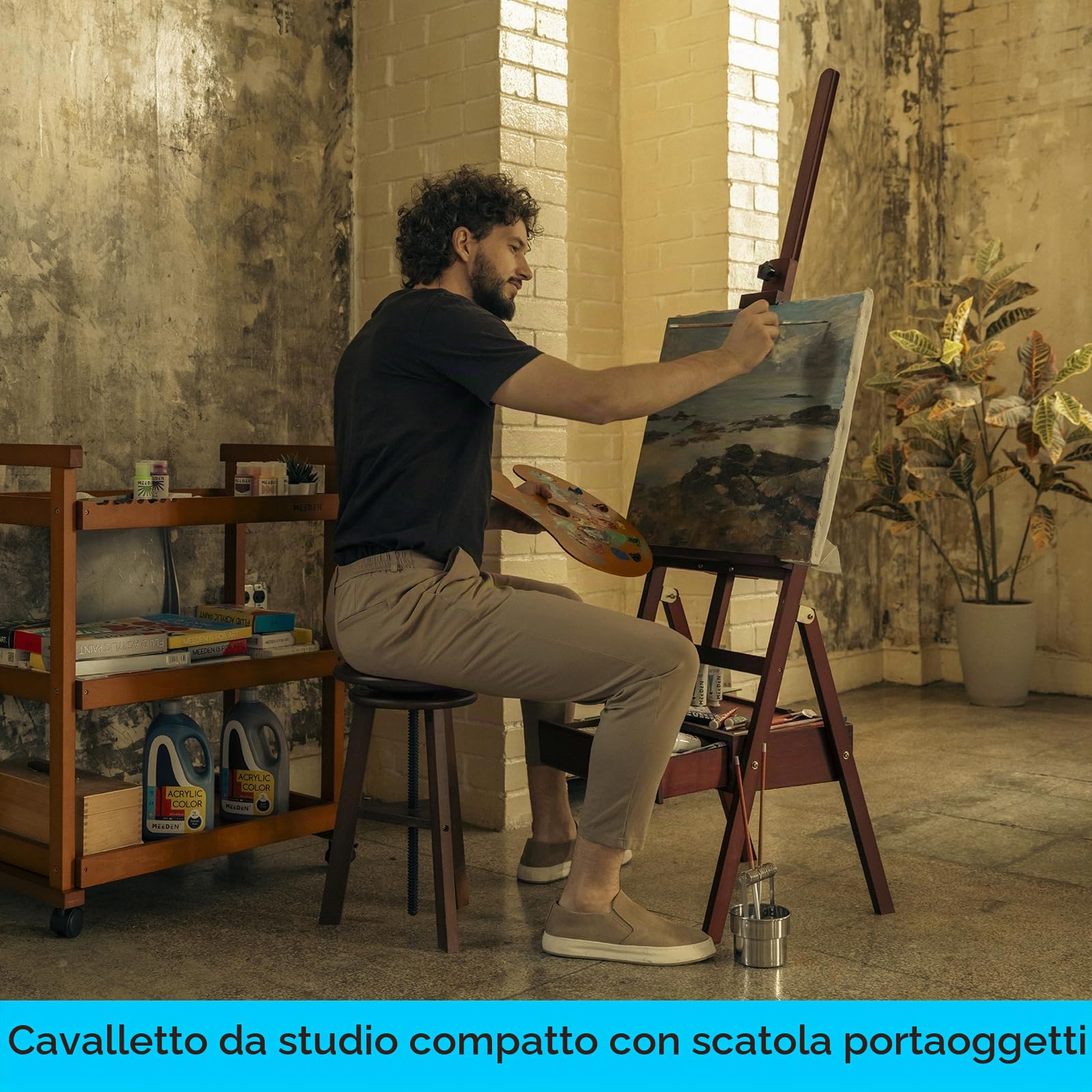 Cavalletto da studio con struttura a H in ciliegia con cassetto portaoggetti – regolabile in legno massello cavalletto per artisti, studenti e adulti, può contenere tele artistiche fino a 88,9 cm