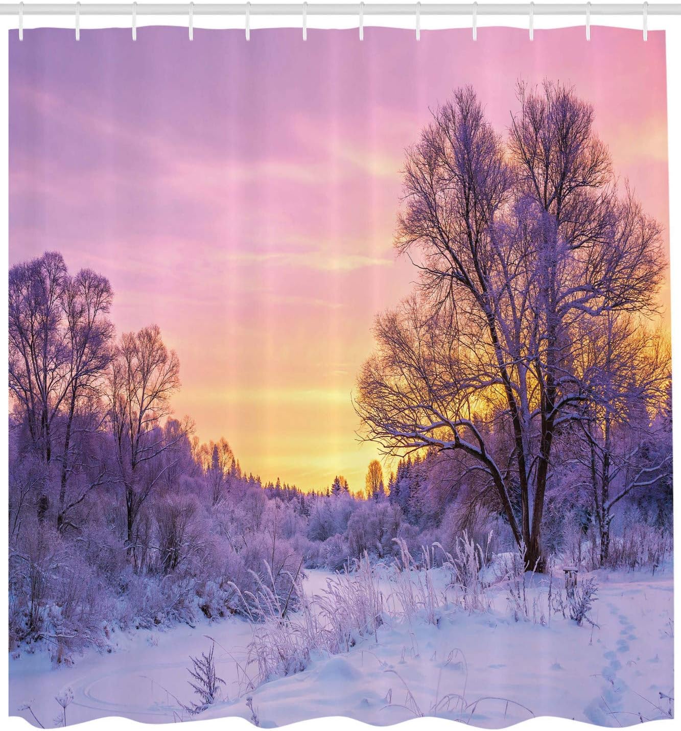 Ambesonne Forest Shower Curtain, Winter Landscape with Sunset and Frozen Trees Ice Weather Blizzard Cold Days Image, Cloth Fabric Bathroom Decor Set with Hooks, 69" W x 75" L, Pink Lavender