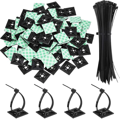 100 Pack Black Zip Tie Adhesive Mounts Self Adhesive Cable Base Holders with Black Multi-Purpose Cable Tie (Length 200 mm, Width 2.8 cm)