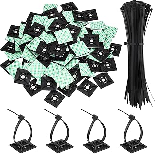 100 Pack Black Zip Tie Adhesive Mounts Self Adhesive Cable Tie Base Holders with Black Multi-Purpose Cable Tie (Length 200 mm, Width 2.8 cm)