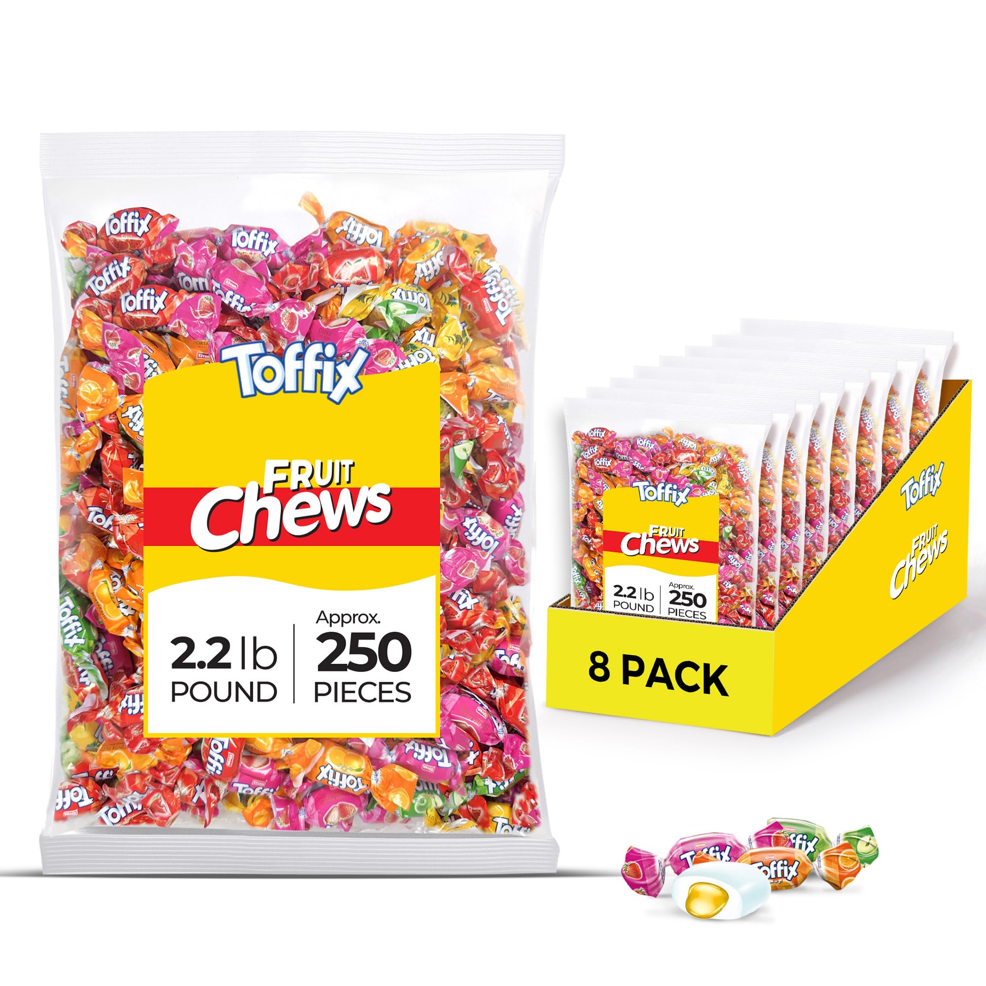 Toffix, Fruit Chews, Center-Filled Soft Fruit Chews Candy Individually Wrapped Snacks, Orange, Strawberry, Pineapple, Watermelon & Apple, Fruity Flavored Chewy Candies, 2.2 Pound Bulk Bag, Pack of 8
