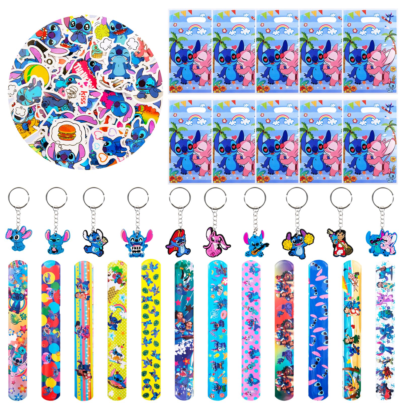 82Pcs Juego de Regalos para Fiestas Regalos de Cumpleaños para Niños Slap Pulseras de Juguete Stitch Pegatinas Llavero de Goma Bolsas de Regalo Regalos Fiesta para Niños Niñas