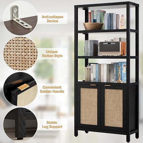 Miniatura 5 de SICOTAS - Estantería de ratán alta estilo bohemio con puertas y 5 niveles, estante de madera grande estilo casa de campo, para sala de estar,