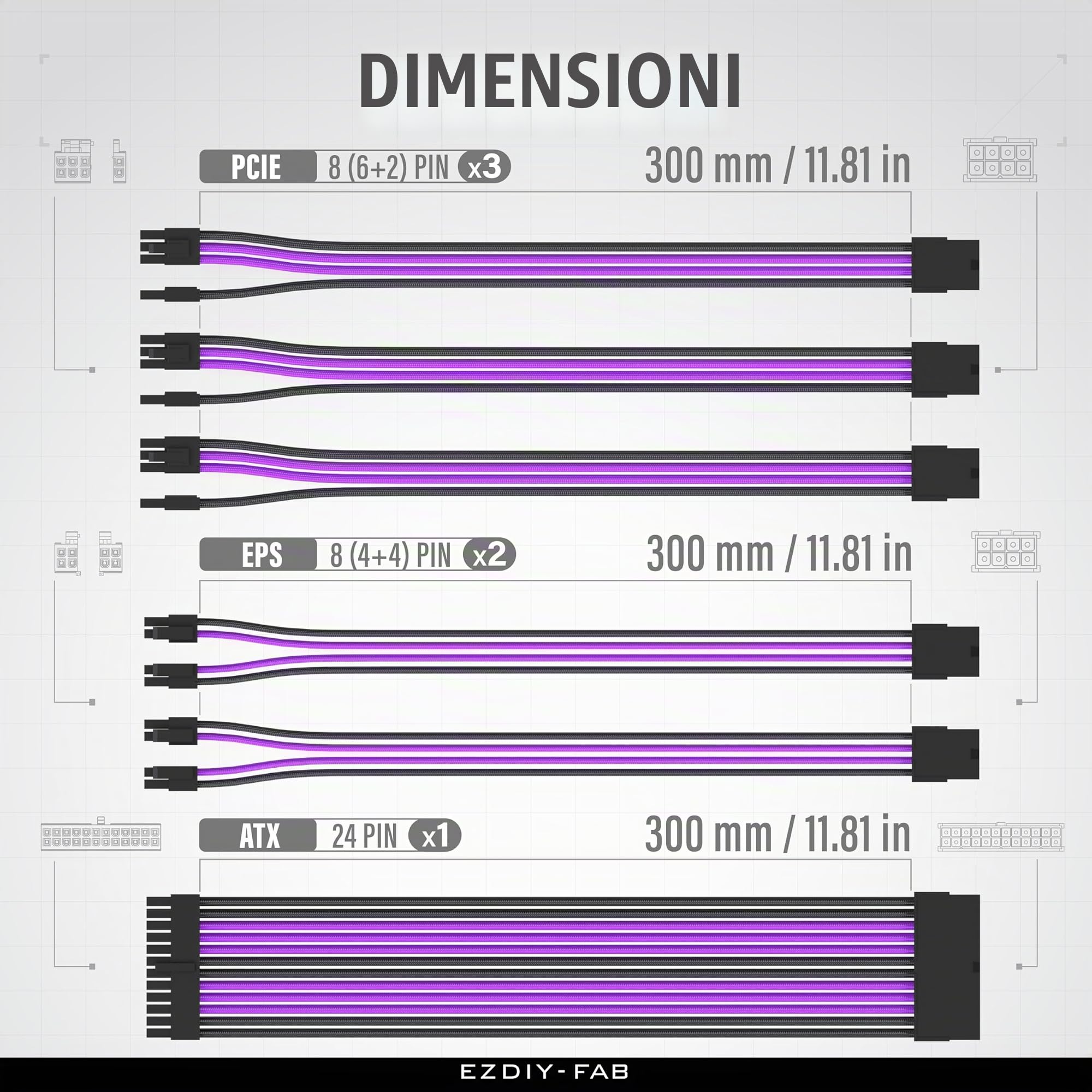 EZDIY-FAB Kit di Estensione del Cavo PSU,Estensione del di Alimentazione 16AWG-1x24Pin/2x4+4 EPS/3x6+2 PCI-E,Cavo con Manicotto per PC Personalizzato 300MM con Pettini-Nero Viola